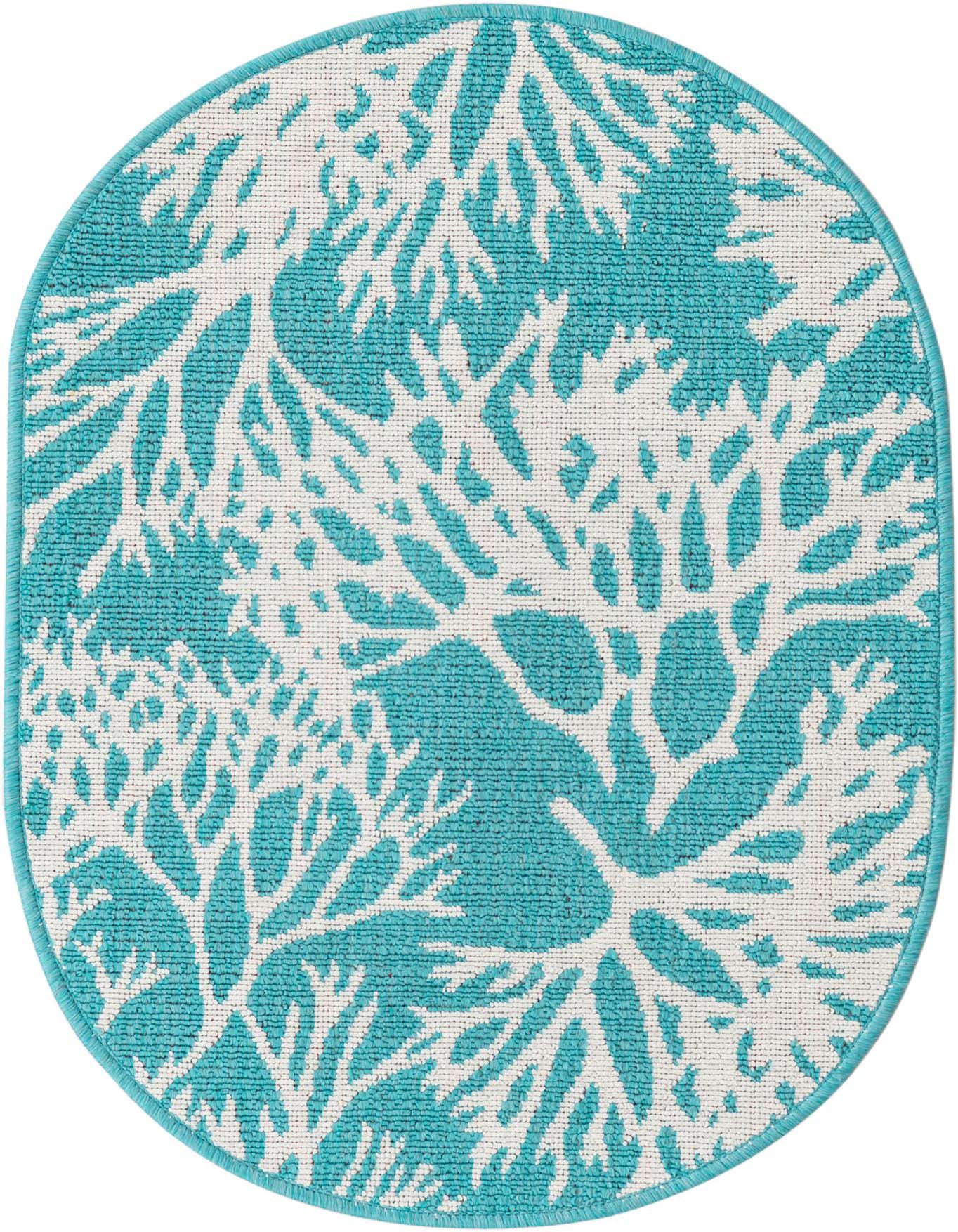 A 2x3 oval indoor/outdoor rug with a modern blue and white coral pattern, ideal for a patio.