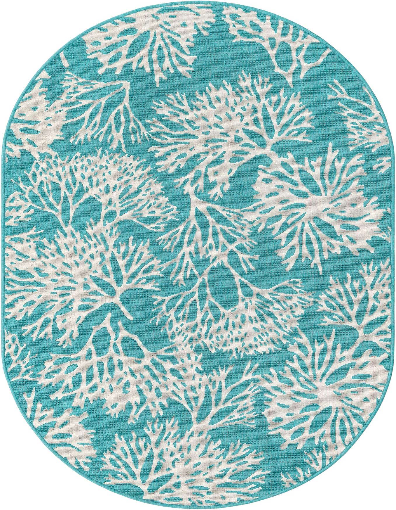 A 4'x6' oval indoor/outdoor rug with a vibrant teal background and an intricate white coral pattern, perfect for a patio.
