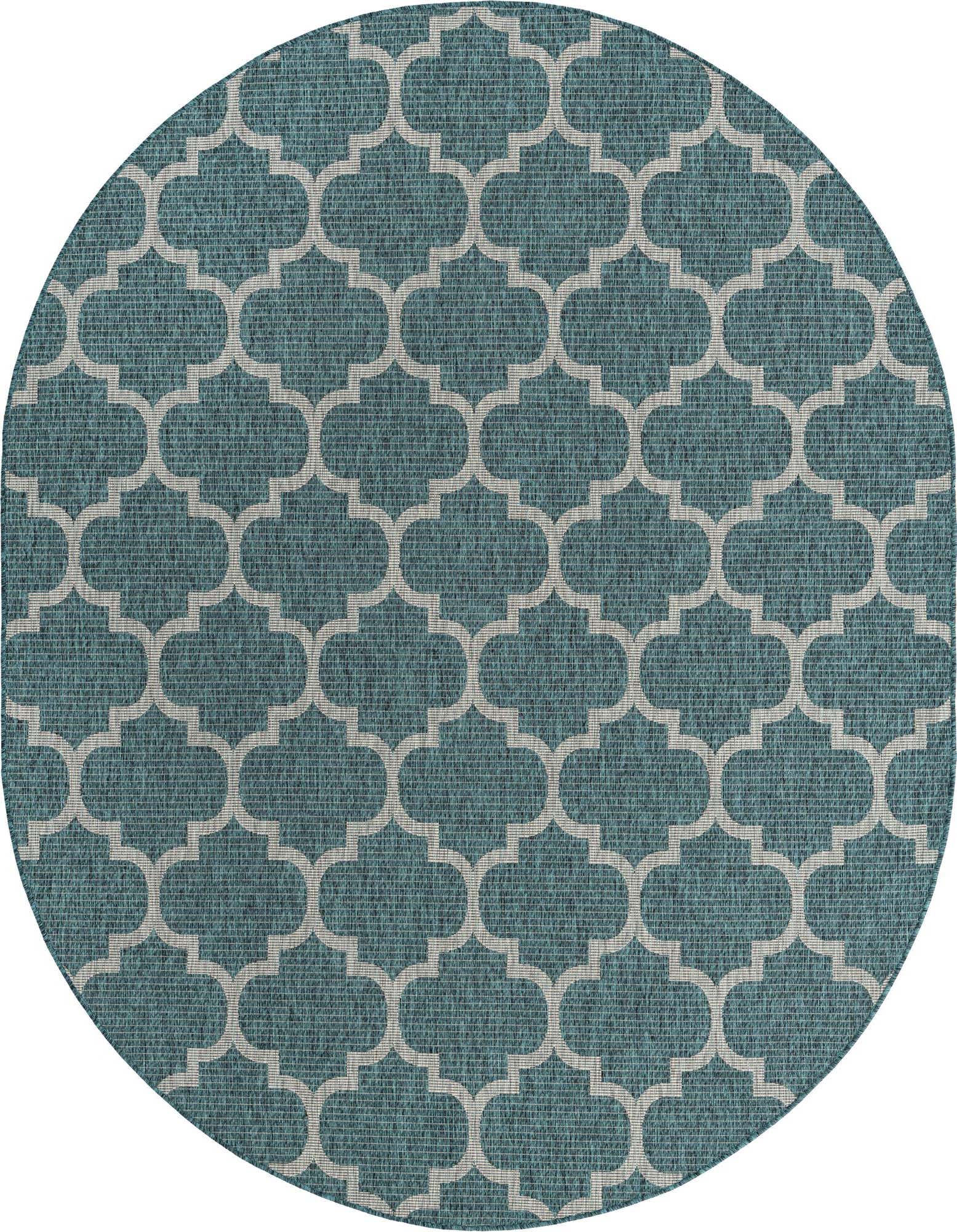 A 7' 10 x 10' 0 oval blue and green outdoor rug with a white modern trellis pattern.