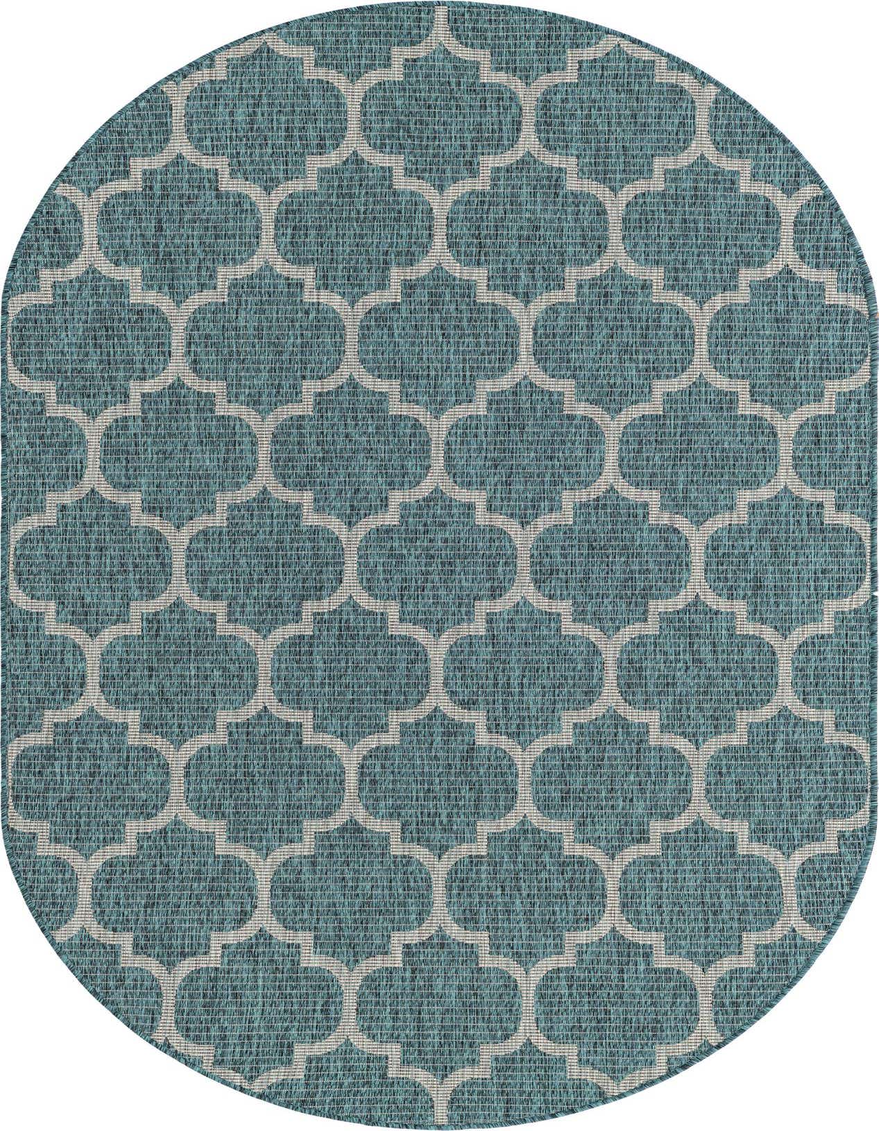 A 5'3" x 8'0" oval indoor/outdoor rug with a blue background and a white modern trellis pattern.