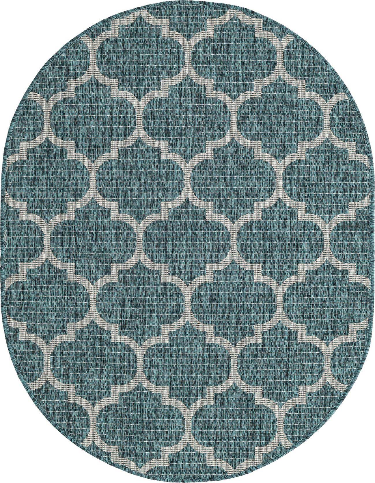An oval 3' 0 x 5' 3 indoor/outdoor rug with a blue and green textured flatweave, featuring a white modern trellis pattern.