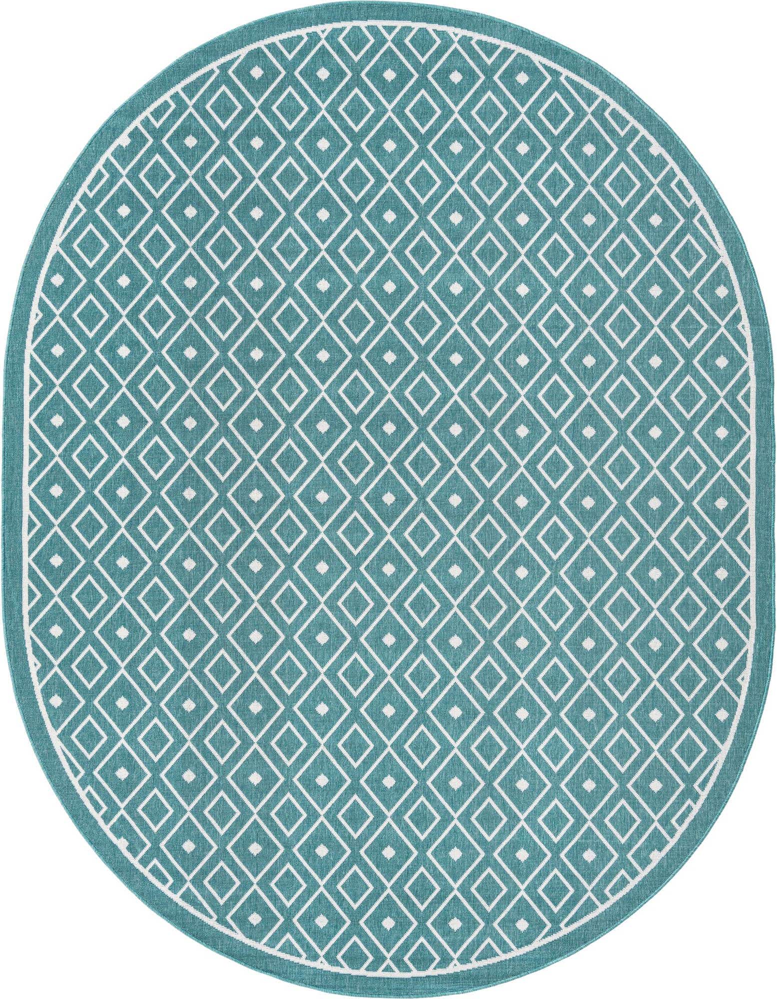 An oval 7'10" x 10'0" teal blue and white Scandinavian geometric rug, suitable for indoor or outdoor use.