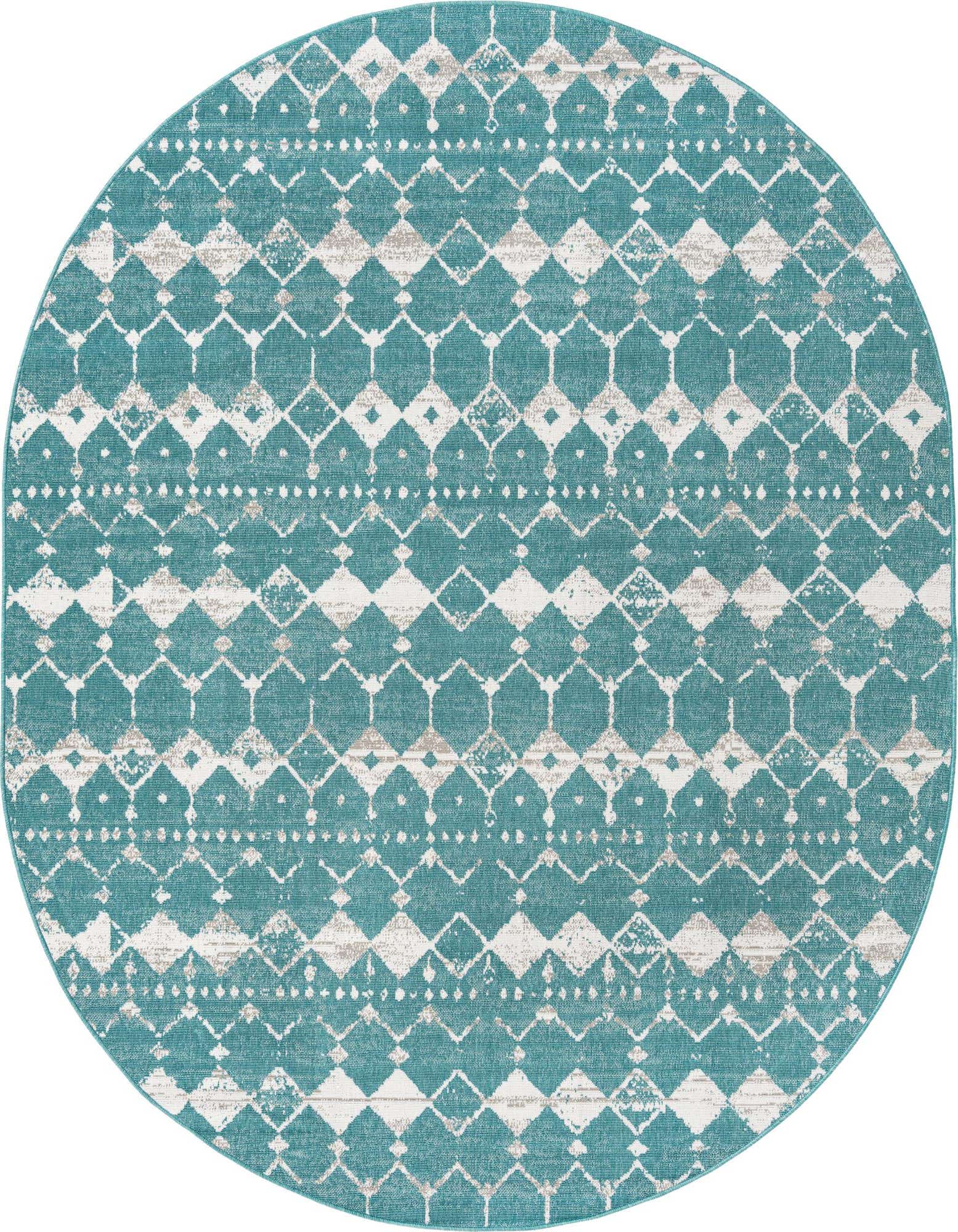 An oval 7' 10 x 10' 0 blue and white transitional rug with a distressed geometric lattice pattern, suitable for indoor or outdoor use.