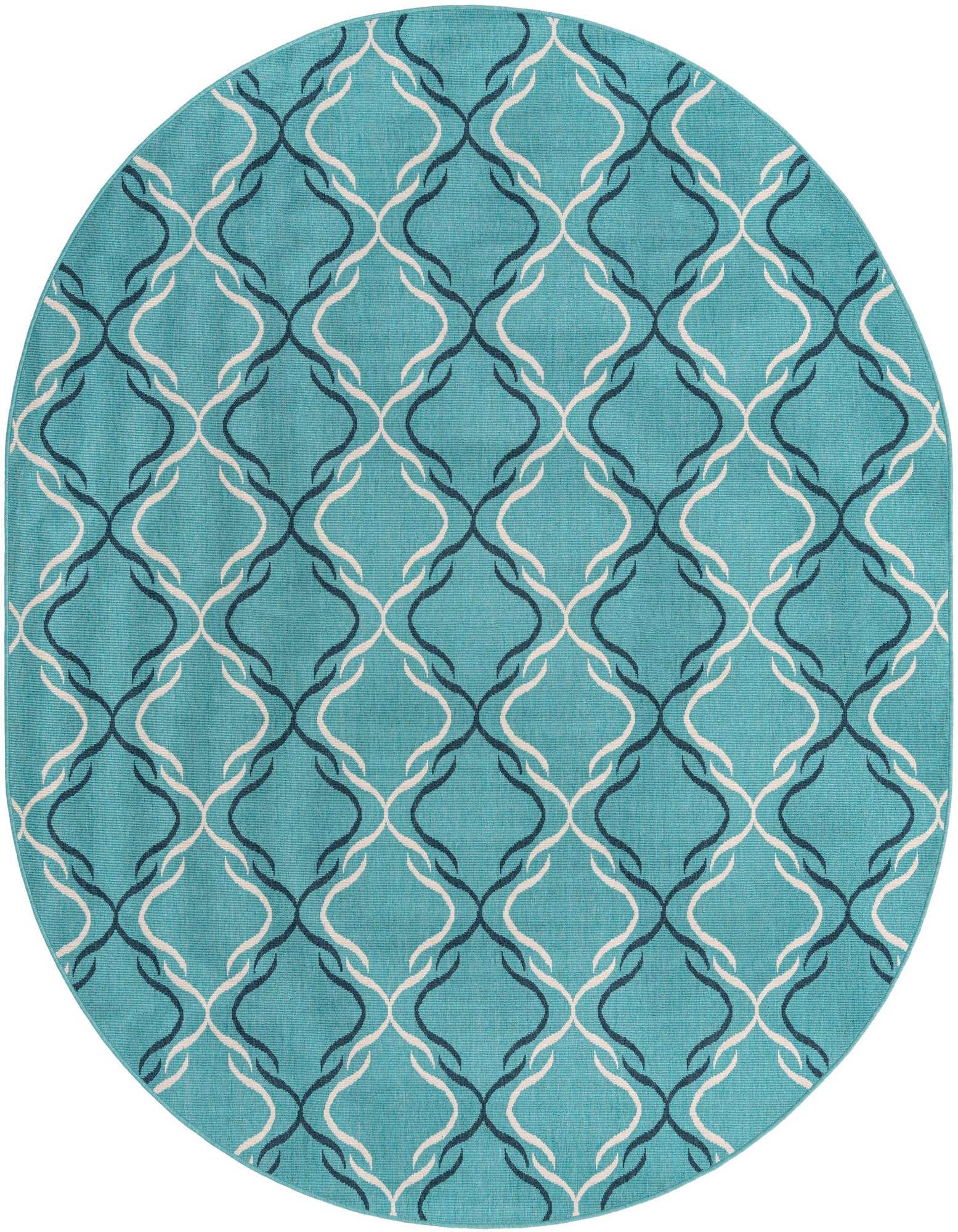 An oval blue and green outdoor rug with a modern lattice pattern of interlocking white and dark blue lines.