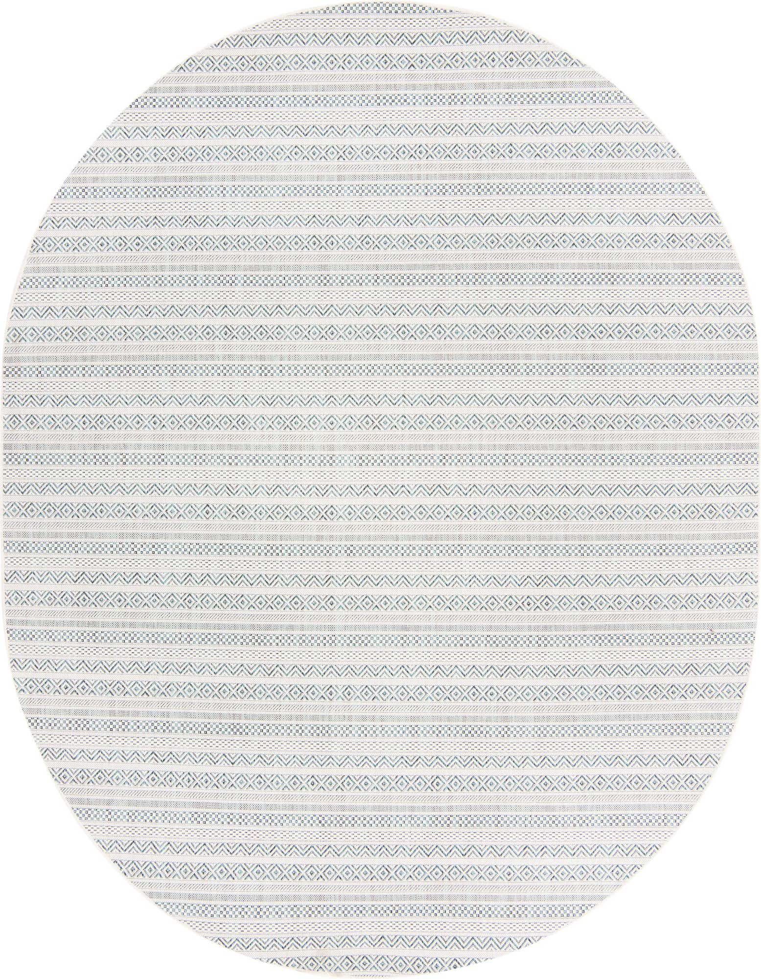 A 7' 10 x 10' 0 oval Rugs.com Outdoor Ribbon rug featuring a modern tribal pattern in blues and greens on a light background, suitable for a patio.