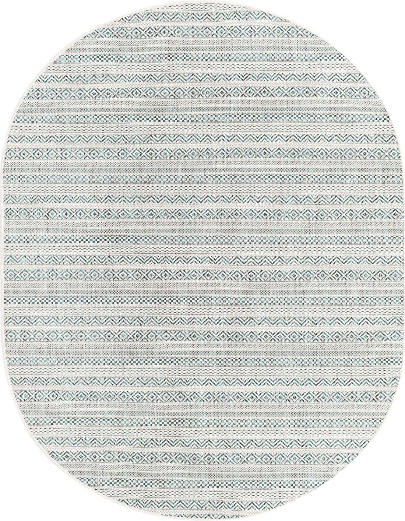 An oval 5'3" x 8'0" indoor/outdoor rug with a tribal pattern in shades of blue and green, featuring horizontal stripes and diamond motifs.