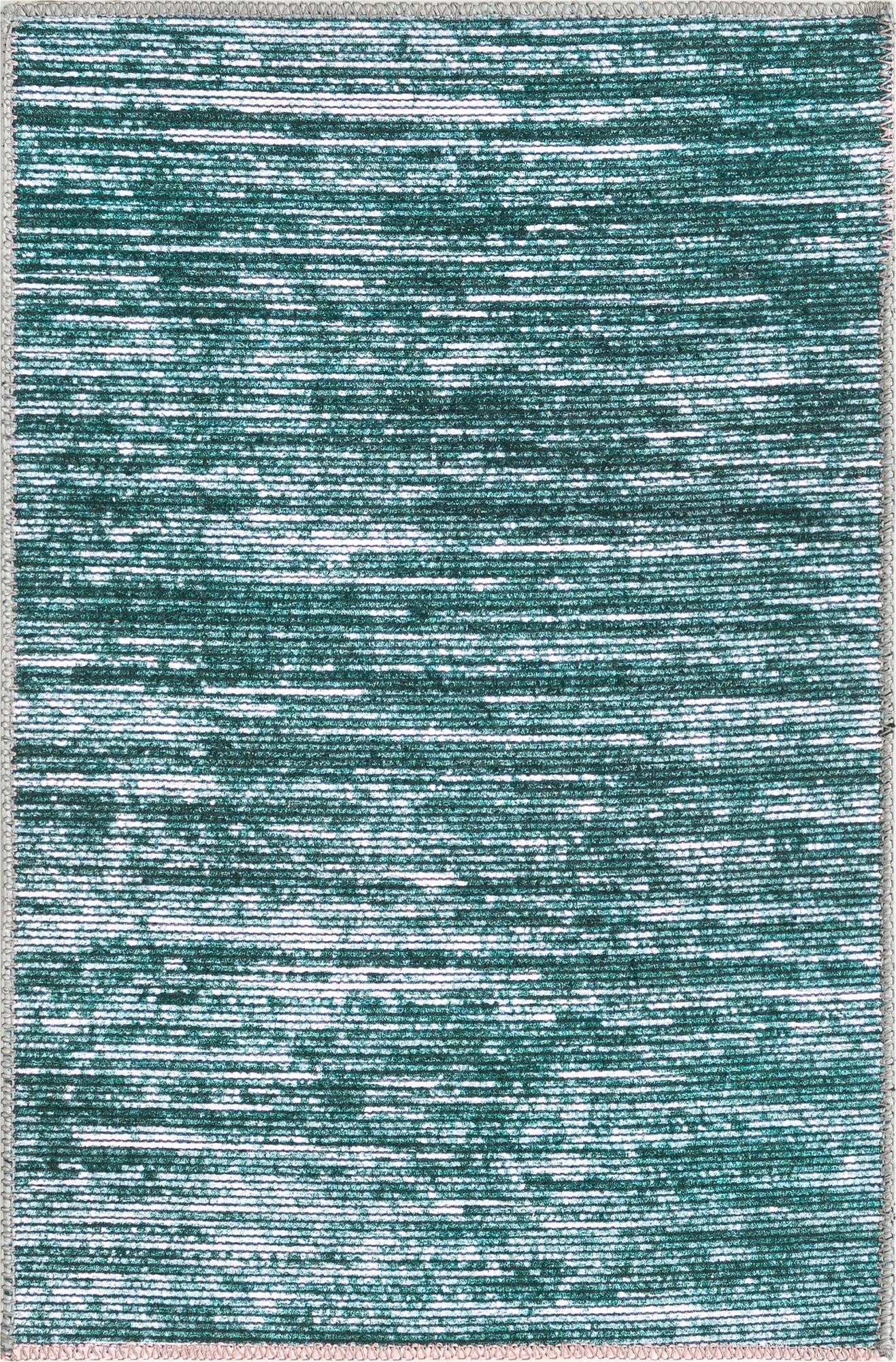 A 2x3 rectangular indoor rug featuring a modern stripe pattern in varying shades of blue and green, with a textured pile.