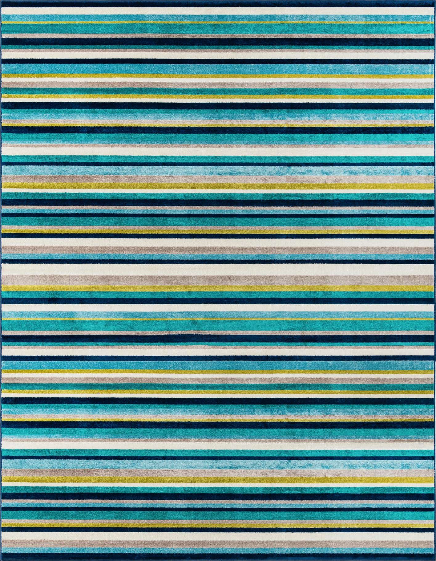 A 10x14 rectangular Azalea rug featuring modern horizontal stripes in varying shades of blue, green, white, and gray.