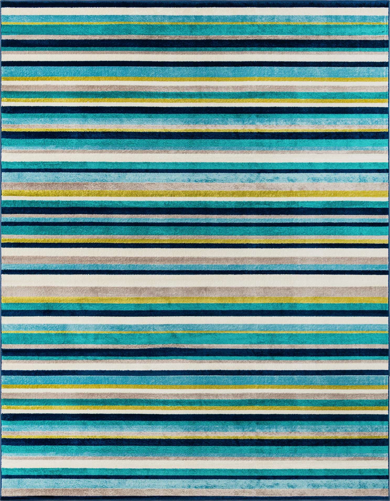 A 9x12 rectangular Azalea rug with modern horizontal stripes in various shades of blue, green, white, gray, and yellow.