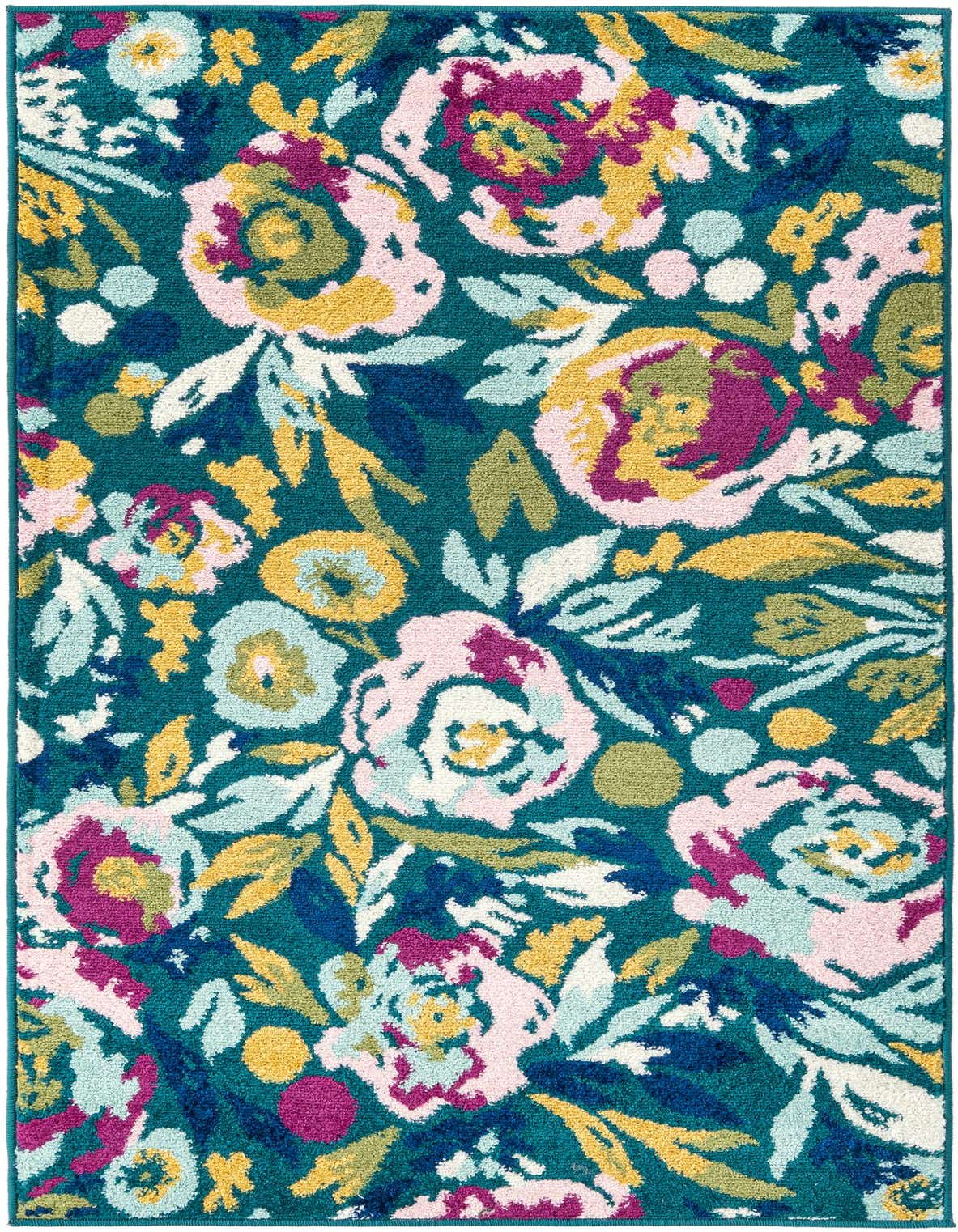A 3x5 rectangular Bloom rug featuring a modern floral pattern with vibrant blues, greens, pinks, and yellows on a teal background.