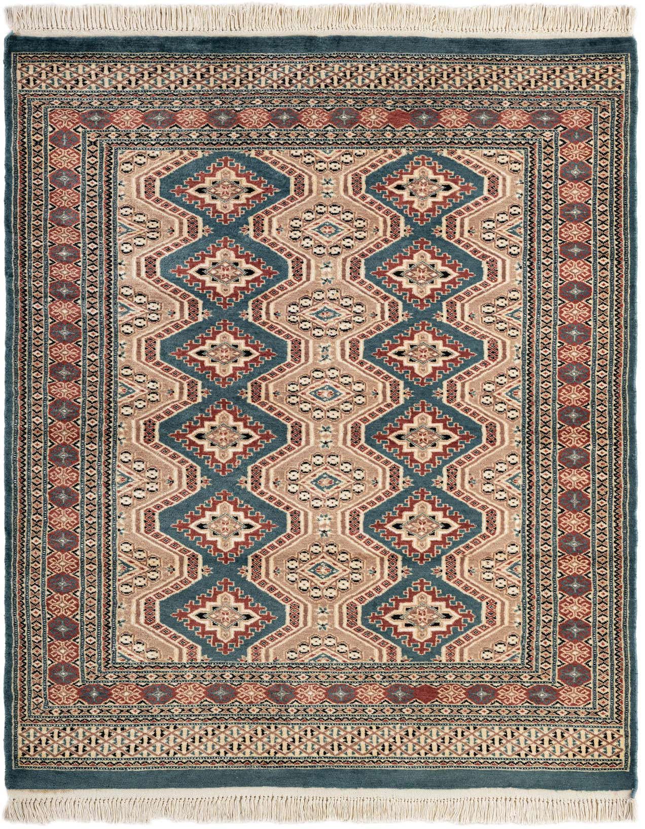 A 4x6 rectangular Bokhara rug featuring a tribal pattern in blues, greens, and earthy tones with fringe.