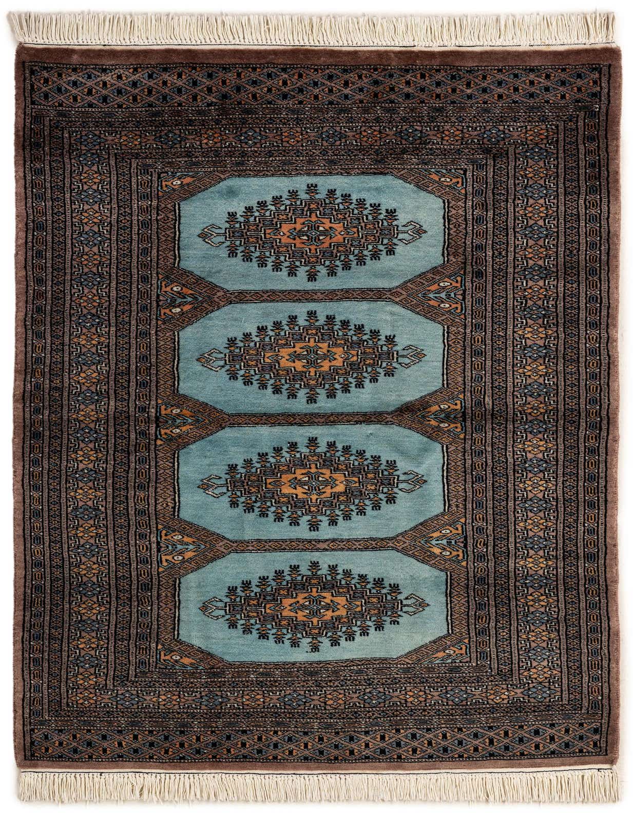 A 3x5 rectangular Bokhara rug featuring a tribal pattern in blues, greens, and browns, with central medallions.