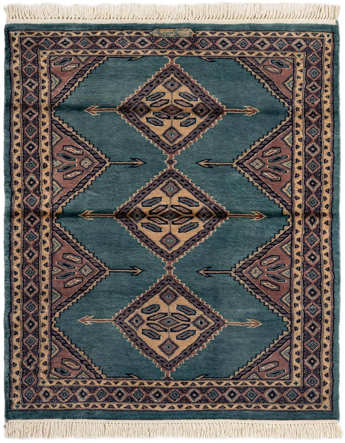 A 3x5 rectangular Bokhara rug featuring a traditional tribal pattern in shades of blue, green, and tan with fringed ends.