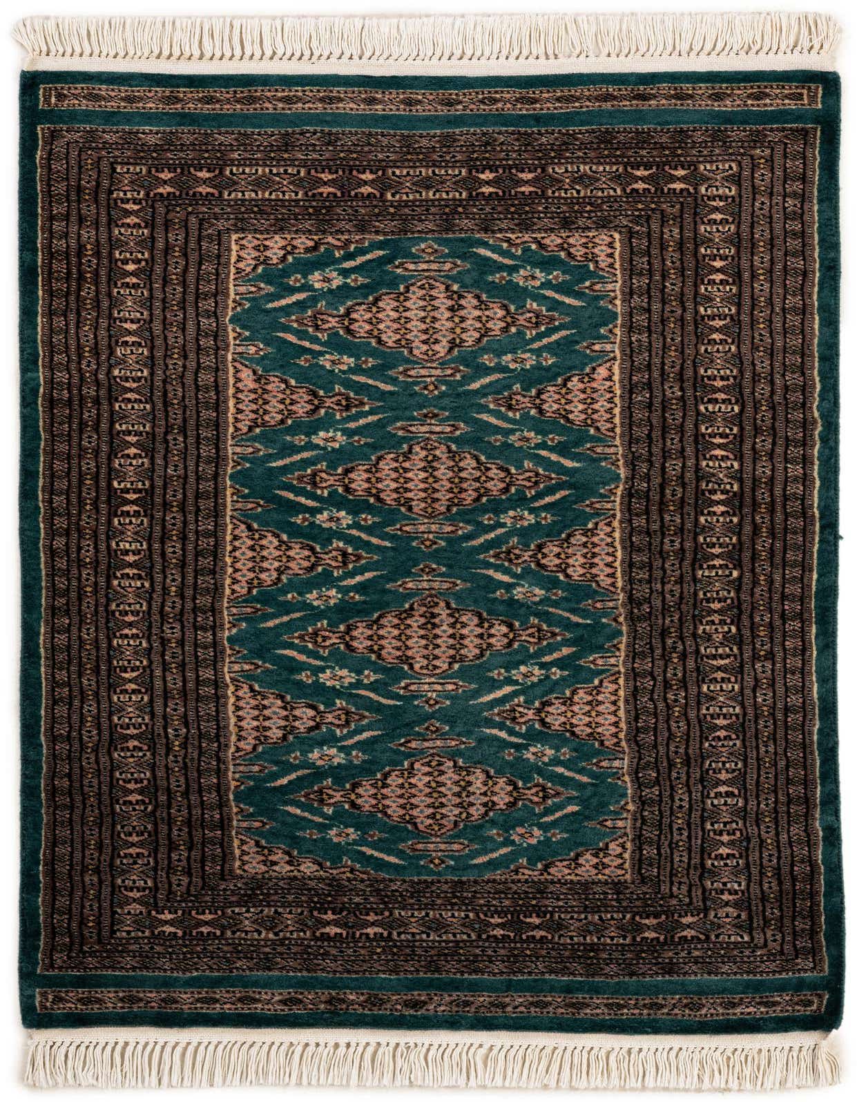 A 3x4 rectangular Bokhara rug featuring a teal green field with peach and dark brown tribal patterns, bordered by dark brown and white fringes.