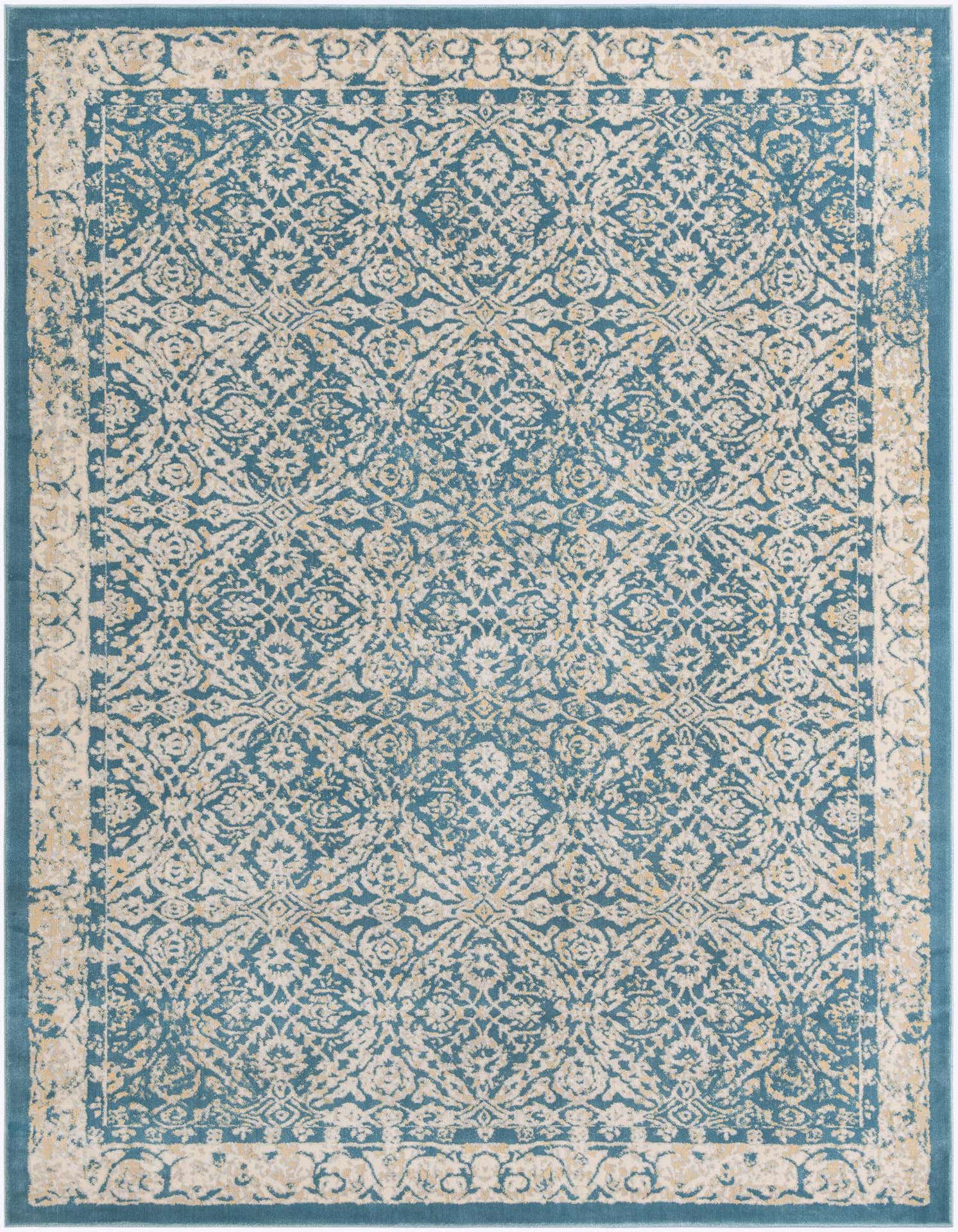 A 9x12 rectangular Dahlia area rug in blues and greens with a distressed traditional pattern and vintage feel.