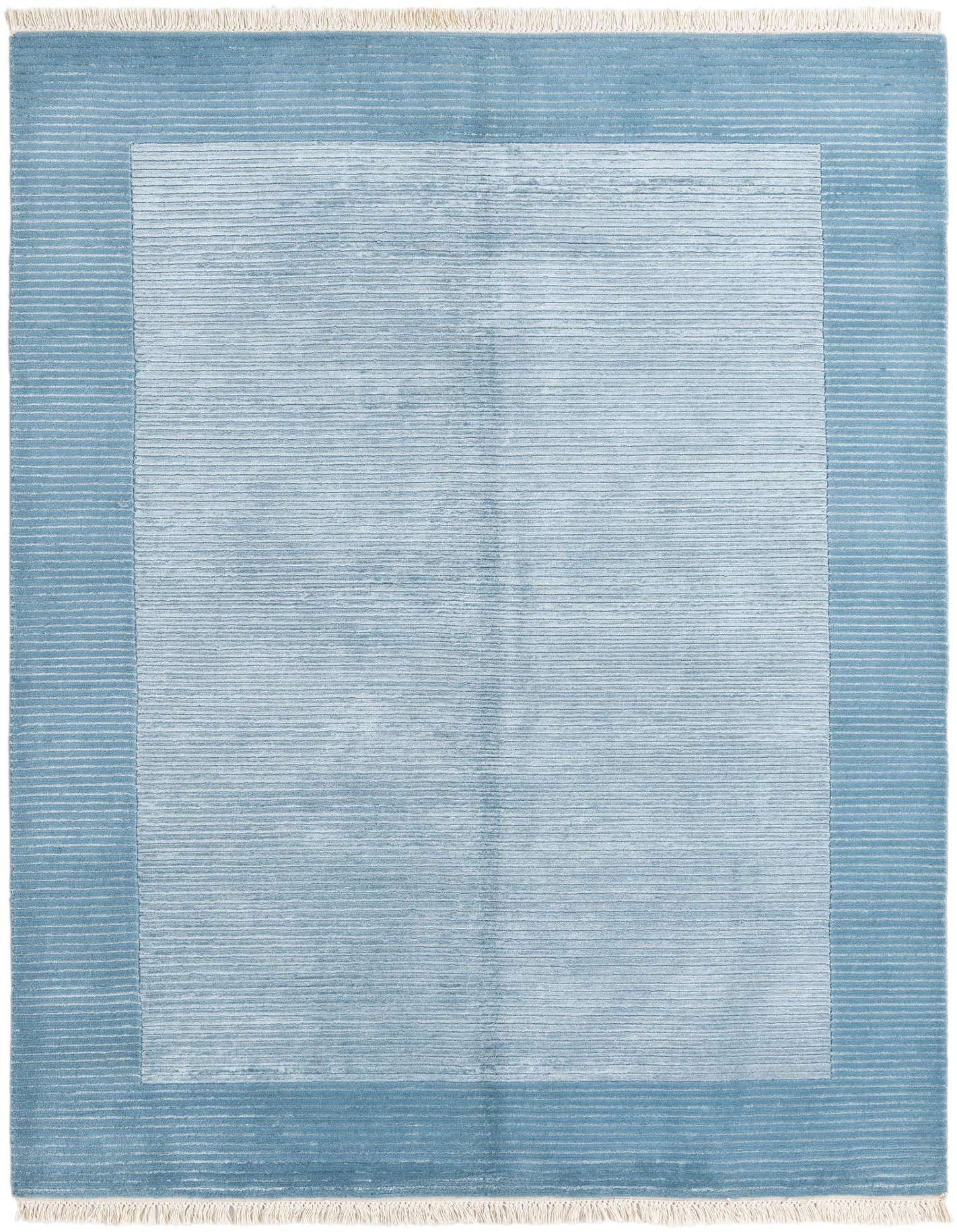 A 5x8 rectangular Darya rug with a modern oriental design in varying shades of blue, featuring a lighter blue center and a darker blue border with subtle horizontal lines.
