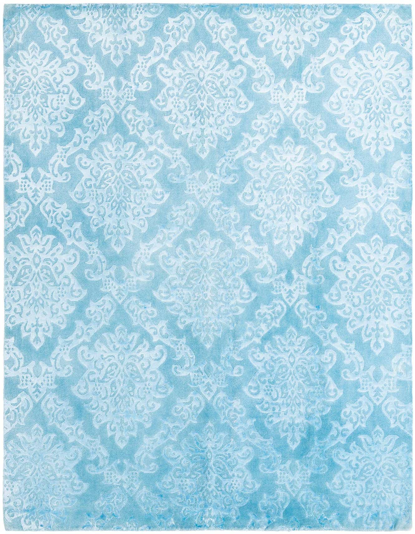 A 7x10 rectangular Darya rug in varying shades of blue and green, featuring an intricate modern damask pattern.