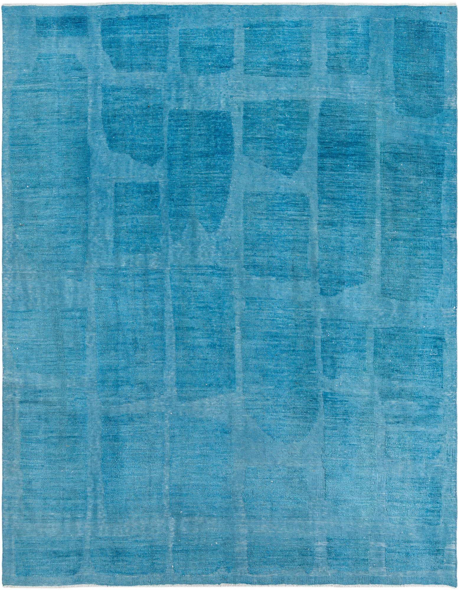 A rectangular 8x10 Darya rug in varying shades of blue and green, featuring an abstract, modern pattern.