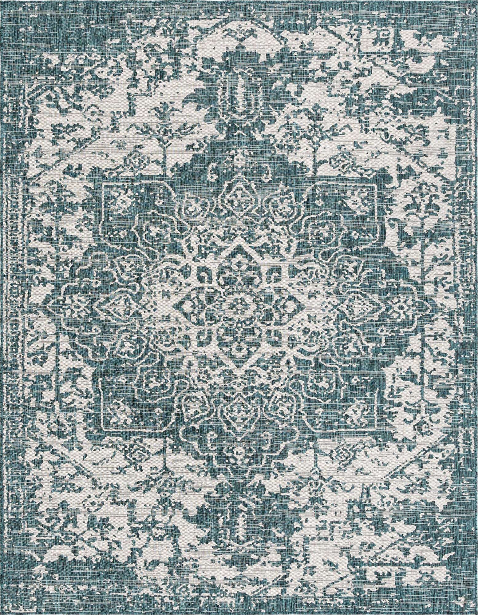 An 8x10 rectangular indoor/outdoor rug featuring a distressed blue and white Mediterranean medallion pattern.