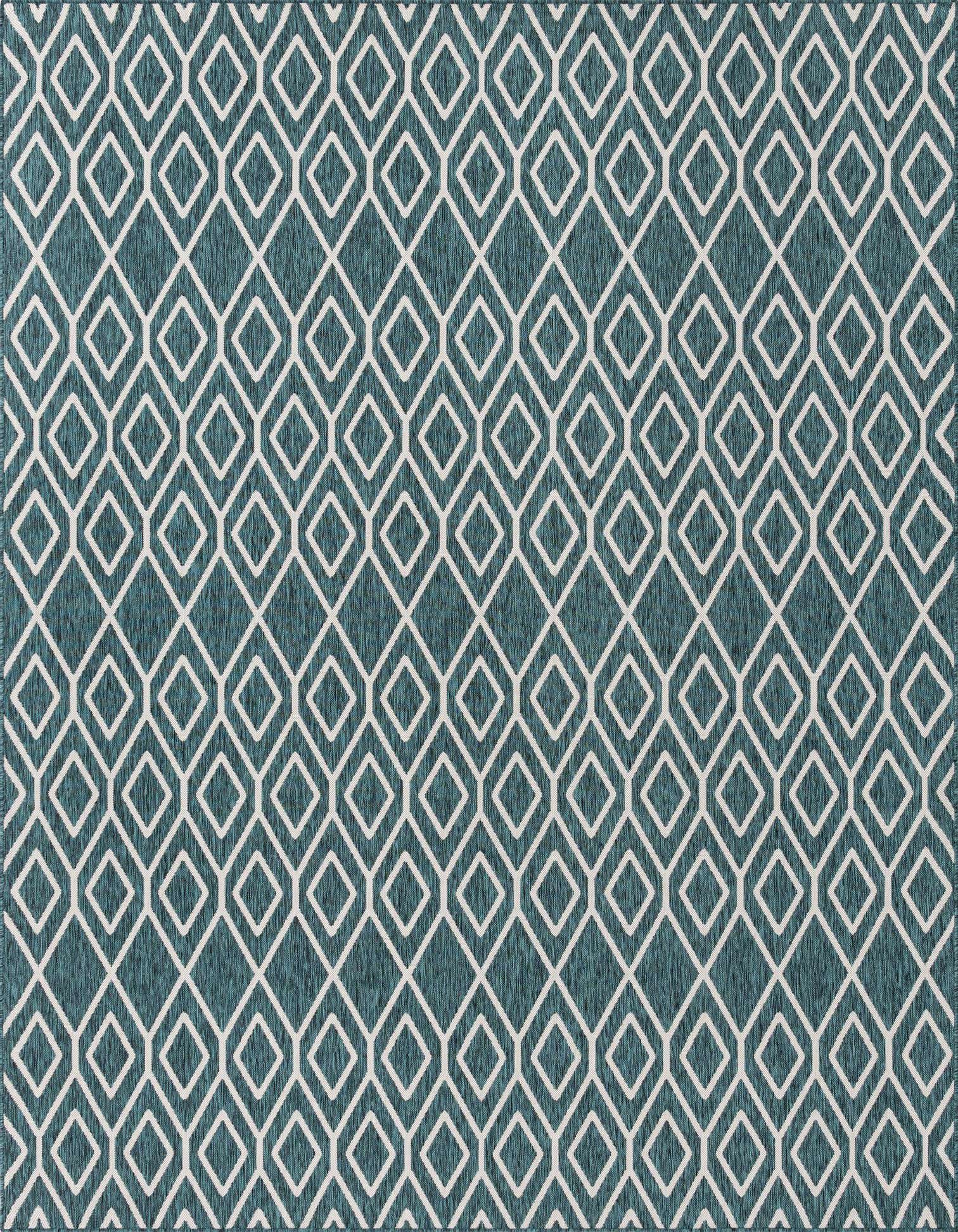 A 9x12 rectangular indoor/outdoor rug featuring a teal background with a repeating white geometric trellis pattern.