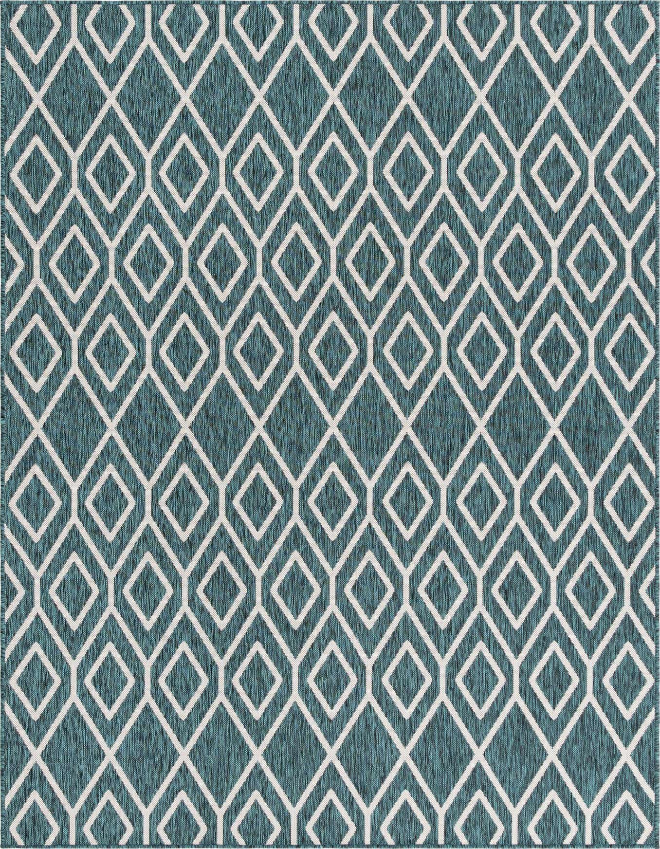 A 6x9 rectangular indoor/outdoor rug featuring a repeating white geometric trellis pattern on a textured blue-green background.