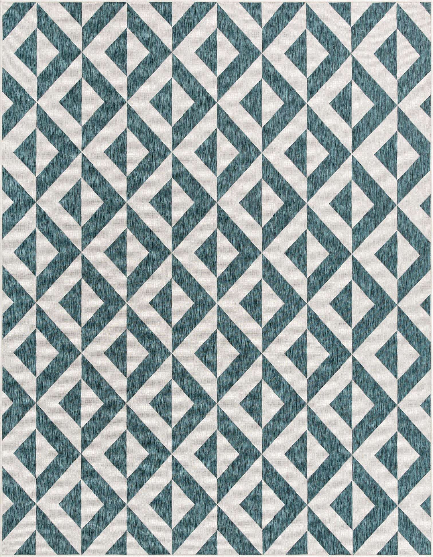 A 9x12 rectangular rug with a modern geometric trellis pattern in shades of blue and green on a light background, suitable for indoor or outdoor use.