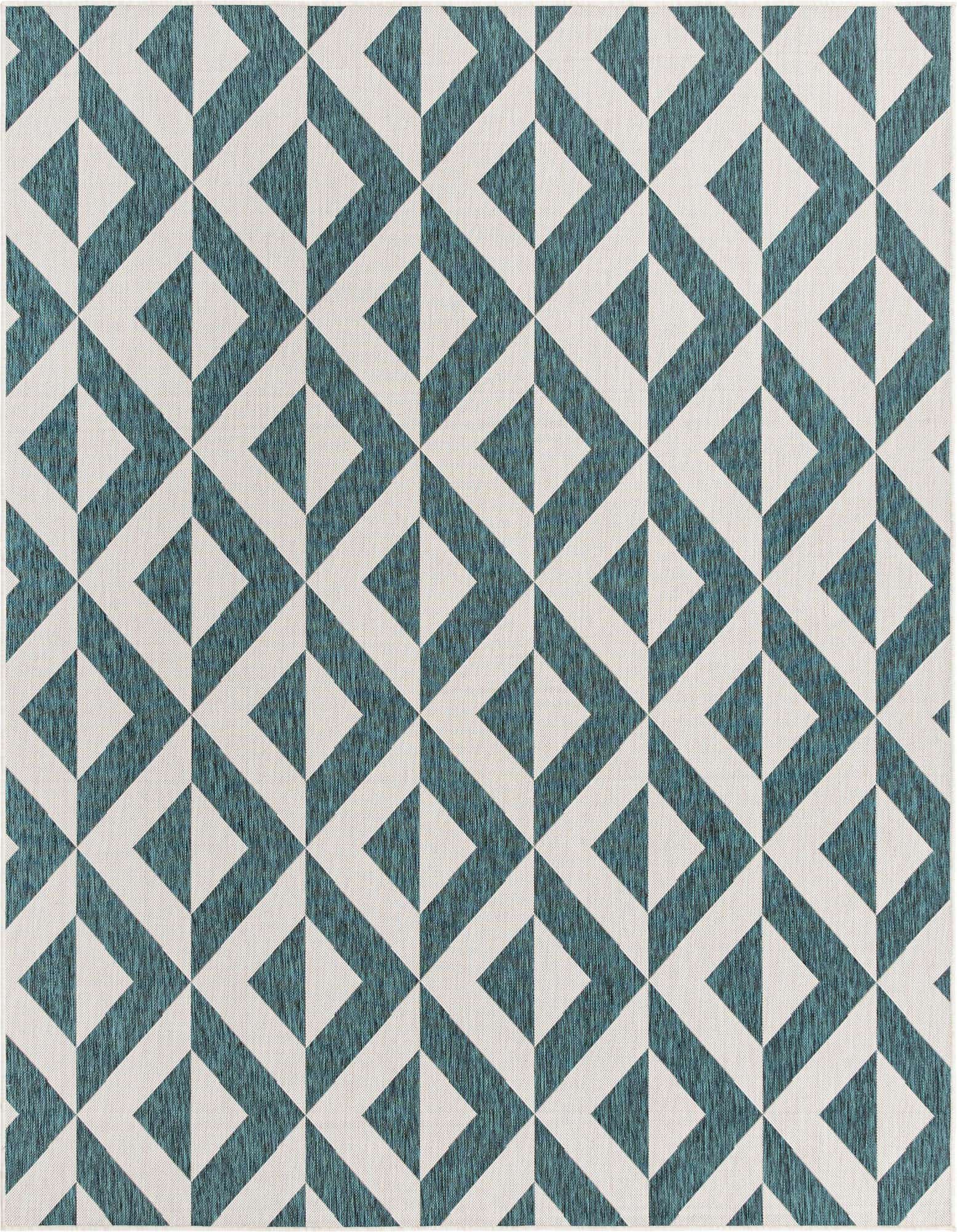 An 8x10 rectangular rug featuring a bold geometric trellis pattern in shades of blue and green on a light background, suitable for indoor or outdoor use.