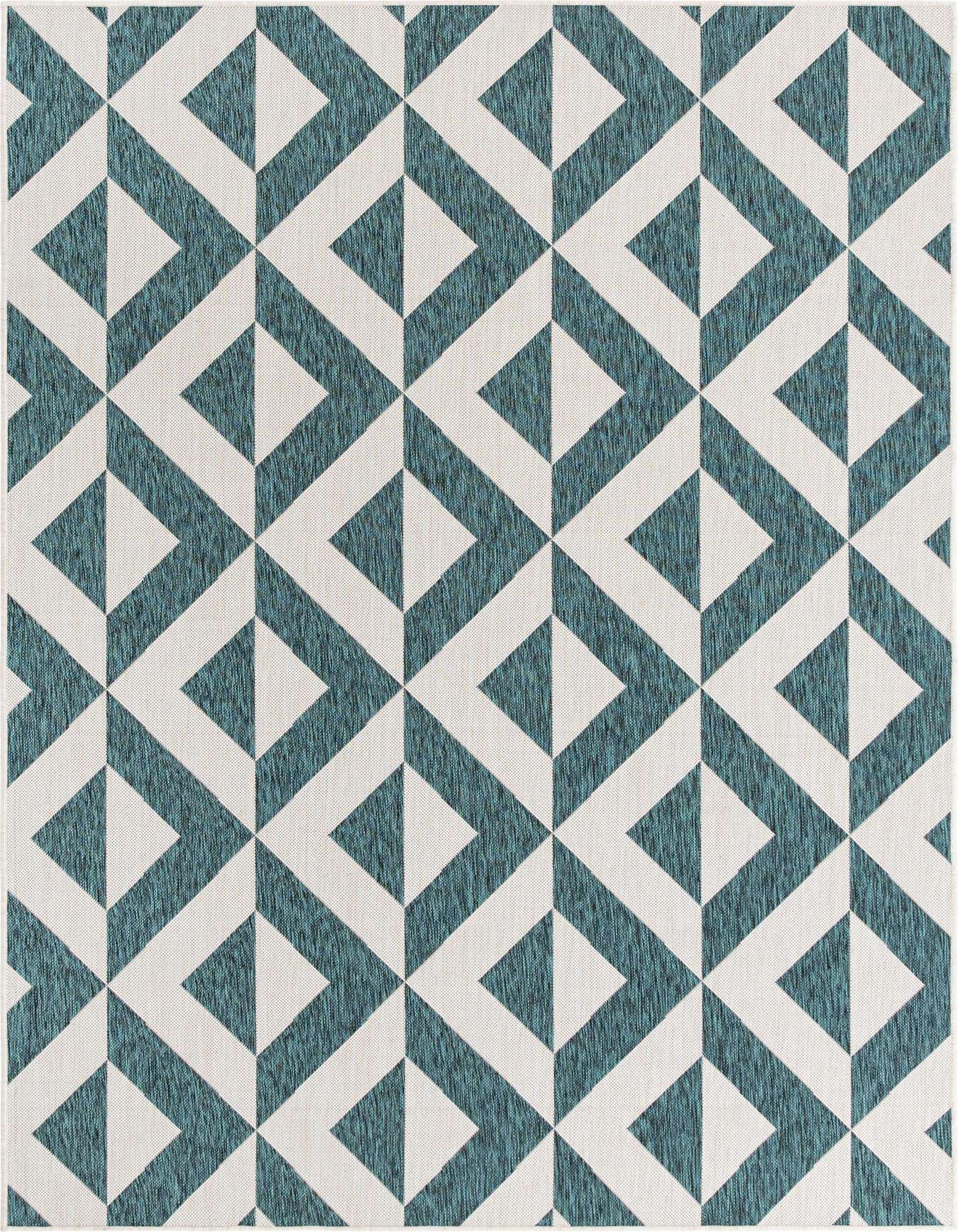 A 6x9 rectangular indoor/outdoor rug featuring a modern geometric trellis pattern in shades of blue and off-white.