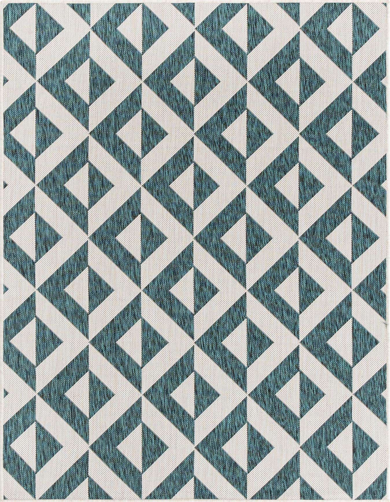 A 4x6 rectangular indoor/outdoor rug featuring a modern geometric trellis pattern in shades of blue and green on a light background, ideal for a living room or patio.