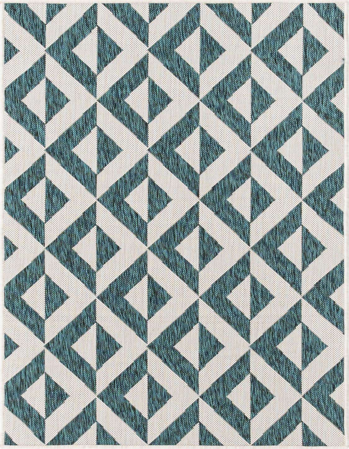 A 3x5 rectangular indoor/outdoor rug featuring a repeating geometric trellis pattern in shades of blue and green on a cream background.