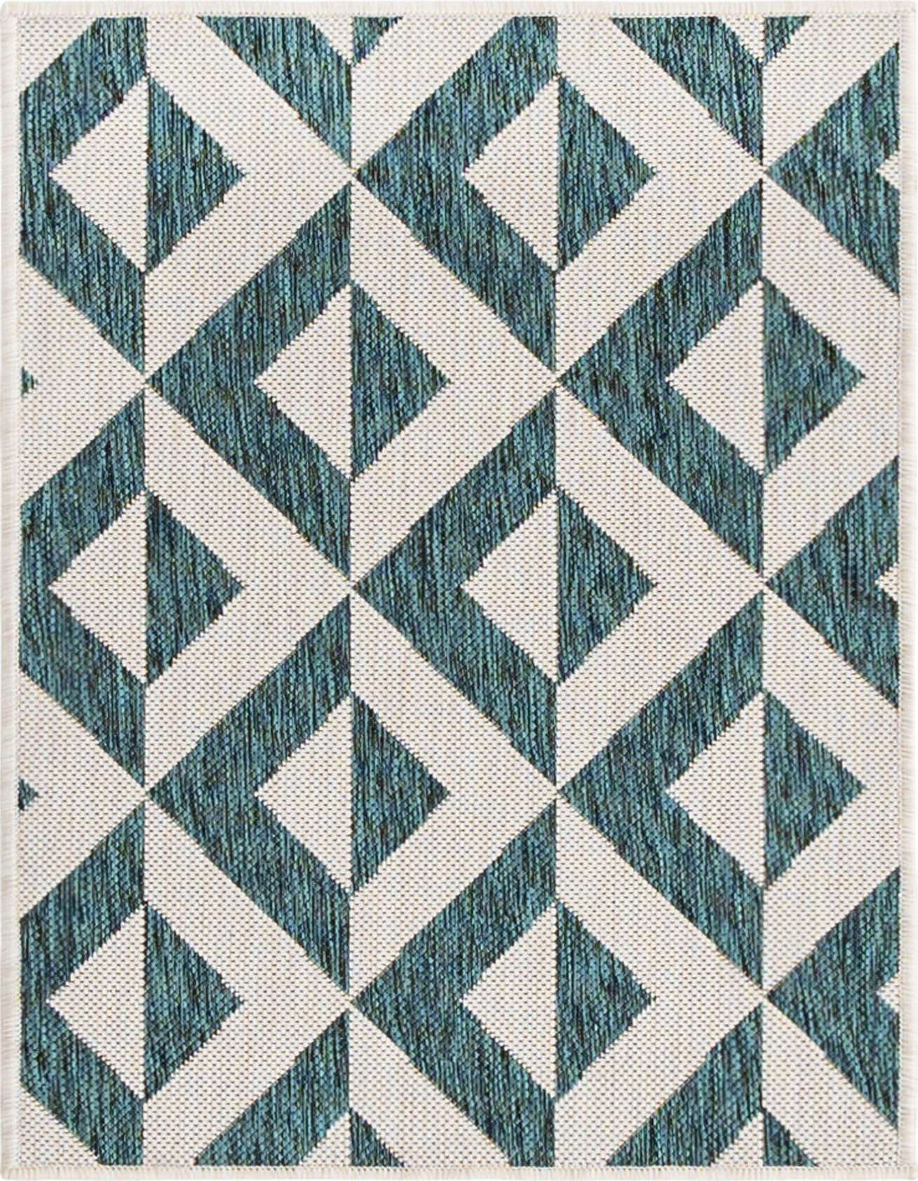 A 2x3 rectangular Jill Zarin Outdoor rug featuring a modern geometric trellis pattern in blues and greens on a white background.