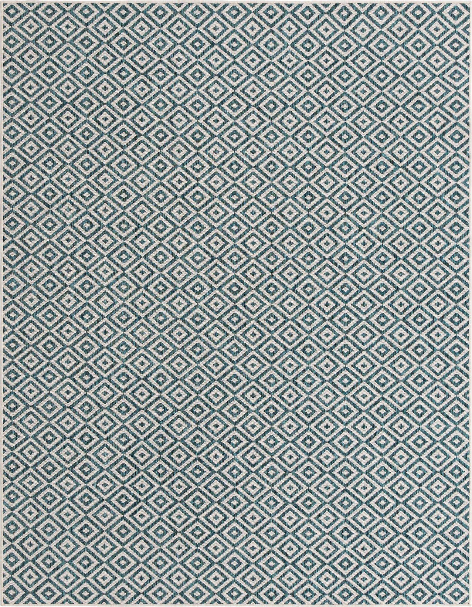 A rectangular 8x10 blue and white geometric trellis rug with a textured flatweave, suitable for indoor or outdoor use.