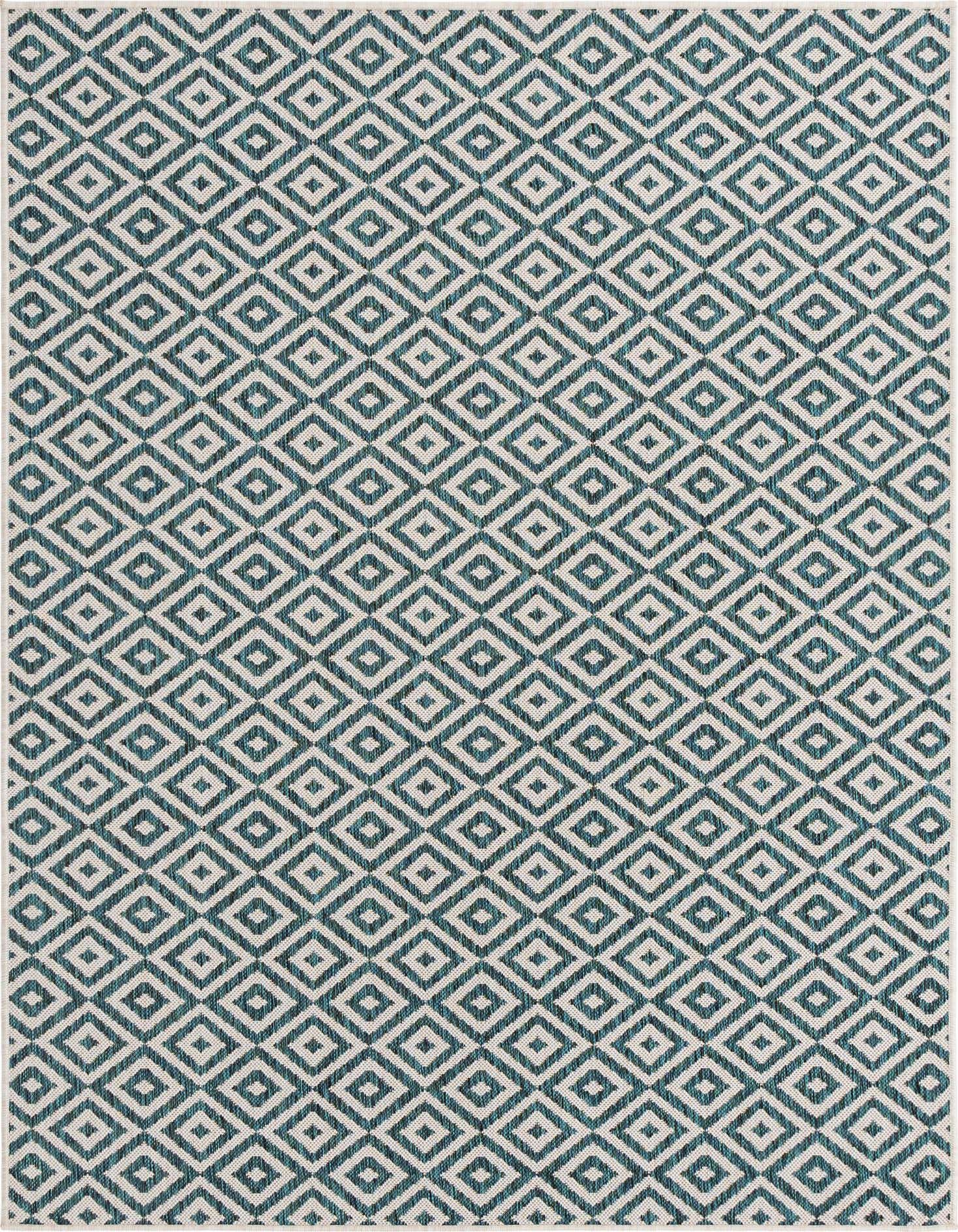 A 5x8 rectangular indoor/outdoor rug featuring a repeating teal and off-white geometric trellis pattern, ideal for a living room or patio.