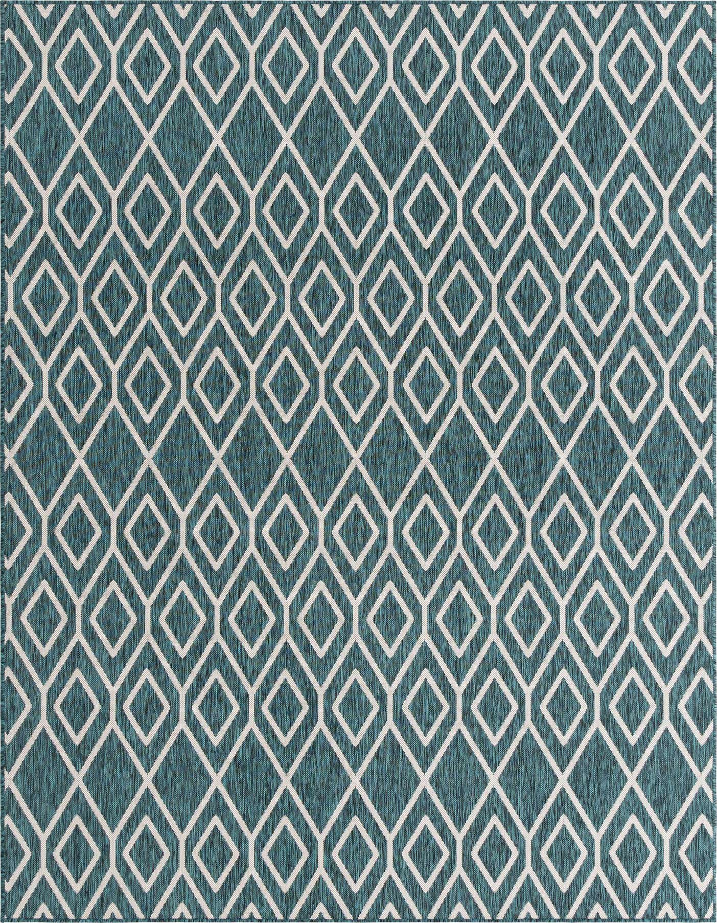 A 7x10 rectangular indoor/outdoor rug featuring a repeating white trellis diamond pattern on a textured blue-green background.