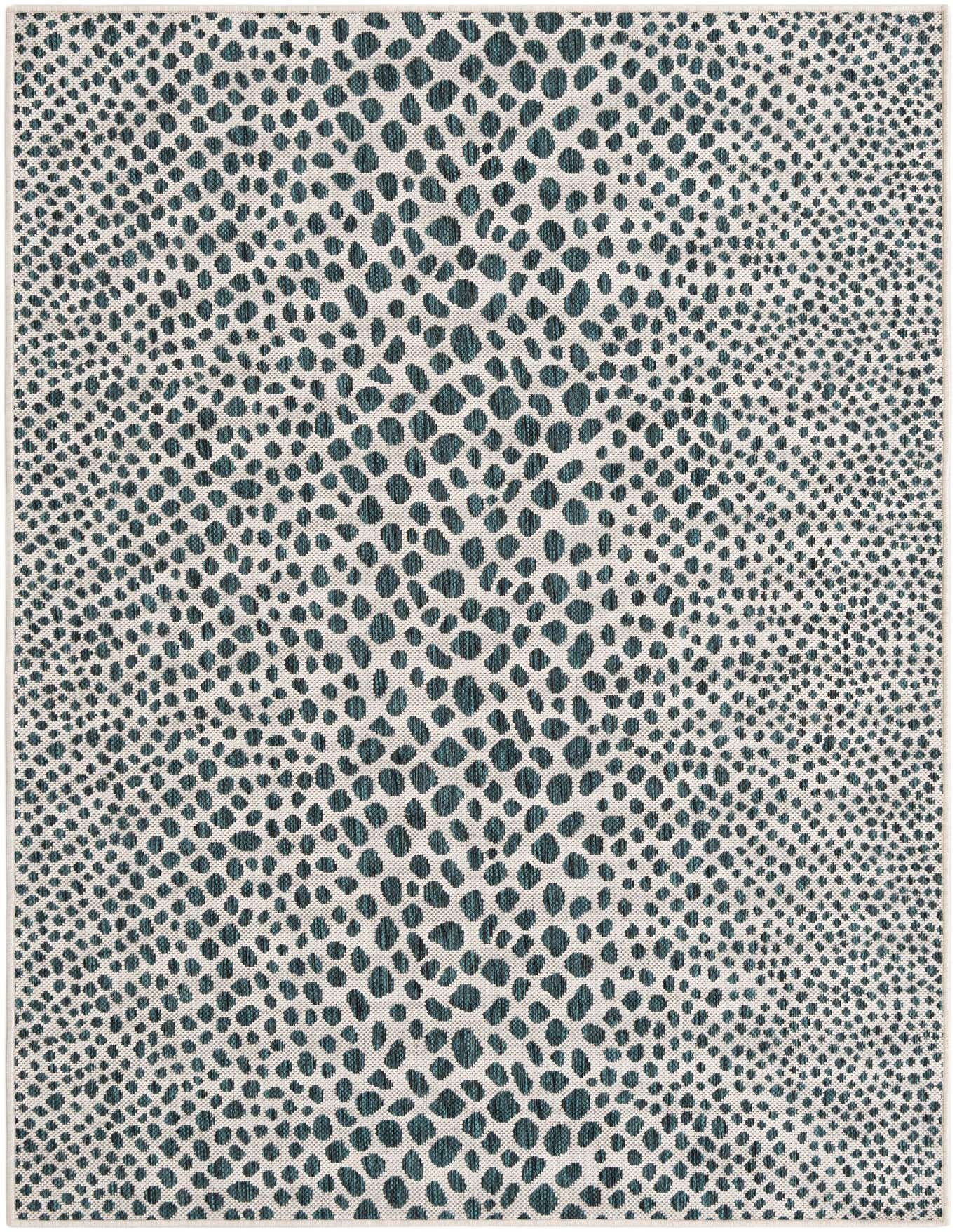 A 4x6 rectangular indoor/outdoor rug with a modern blue and green abstract spotted pattern on a light background.