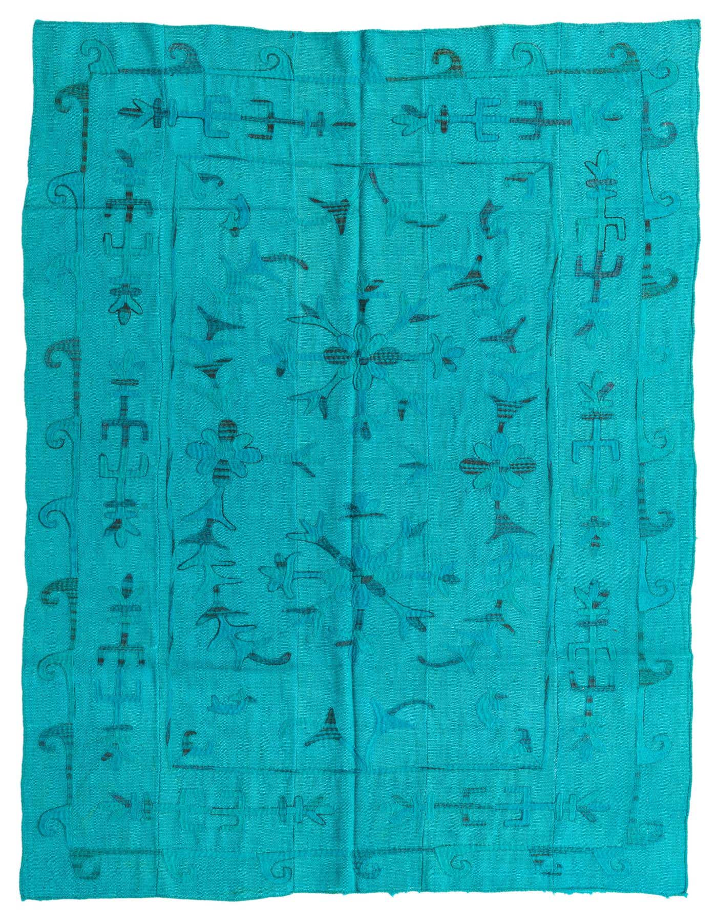 A 5x8 rectangular Kilim Suzani rug in vibrant blue-green wool with a flatweave tribal pattern.