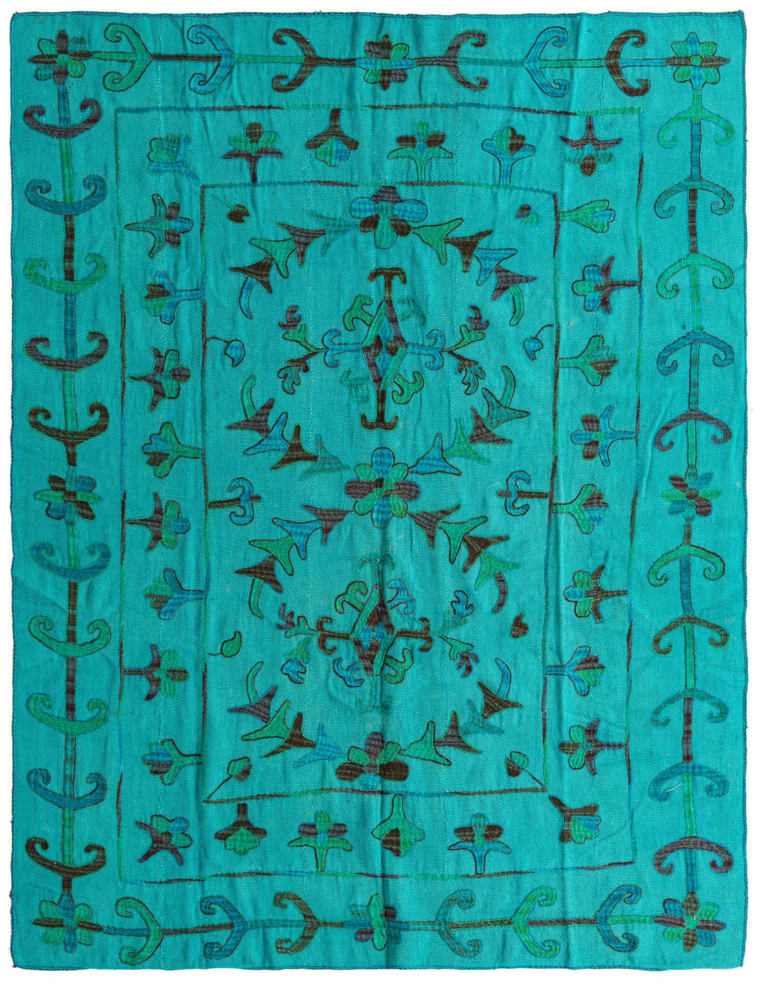 A 5x8 rectangular Kilim Suzani rug featuring a vibrant teal background with intricate tribal patterns in shades of blue, green, and brown.