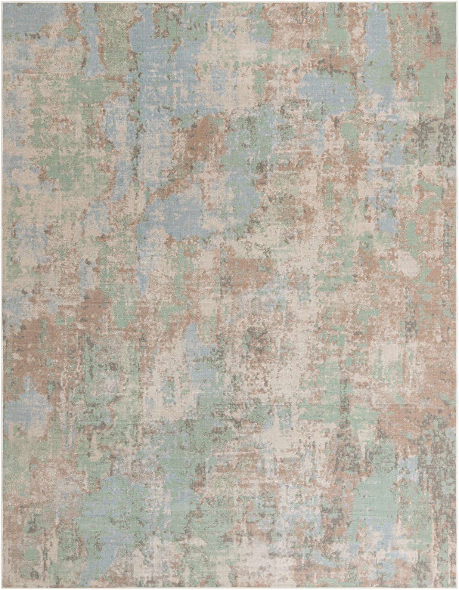 A large 10x13 rectangular area rug with an abstract pattern in varying shades of blue, green, and beige.