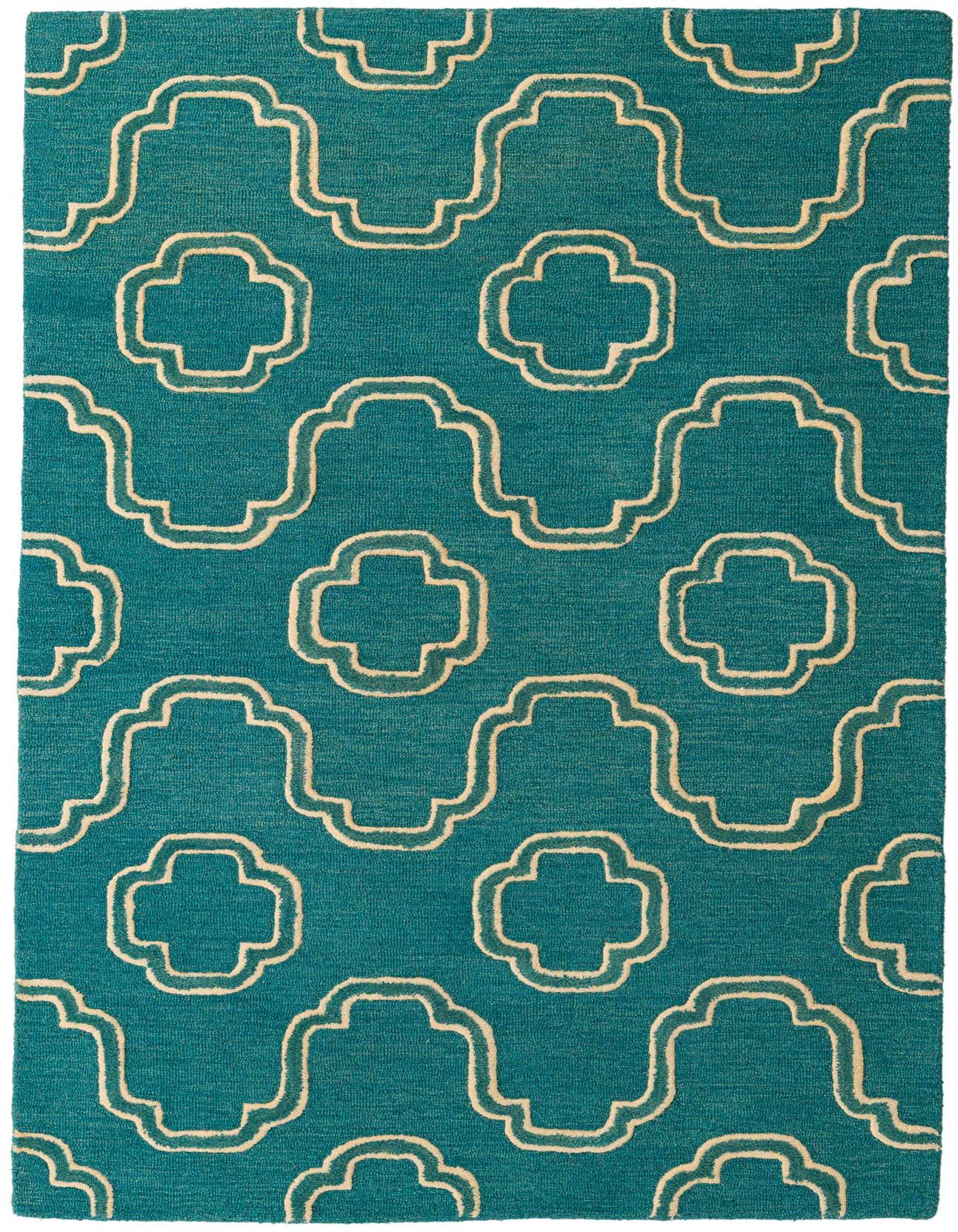 A 5x8 rectangular Luna rug in deep teal blue with a repeating modern abstract pattern in cream, made of high-pile wool.