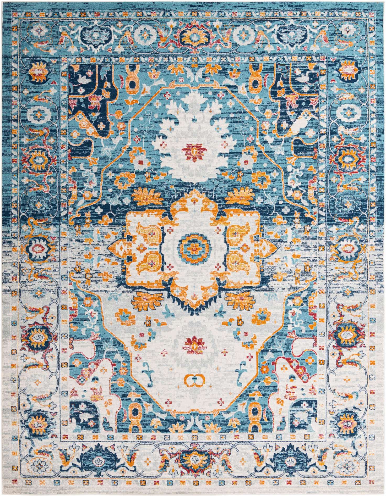 A large 10x14 rectangular rug featuring a distressed traditional medallion pattern in shades of blue, green, orange, and white.
