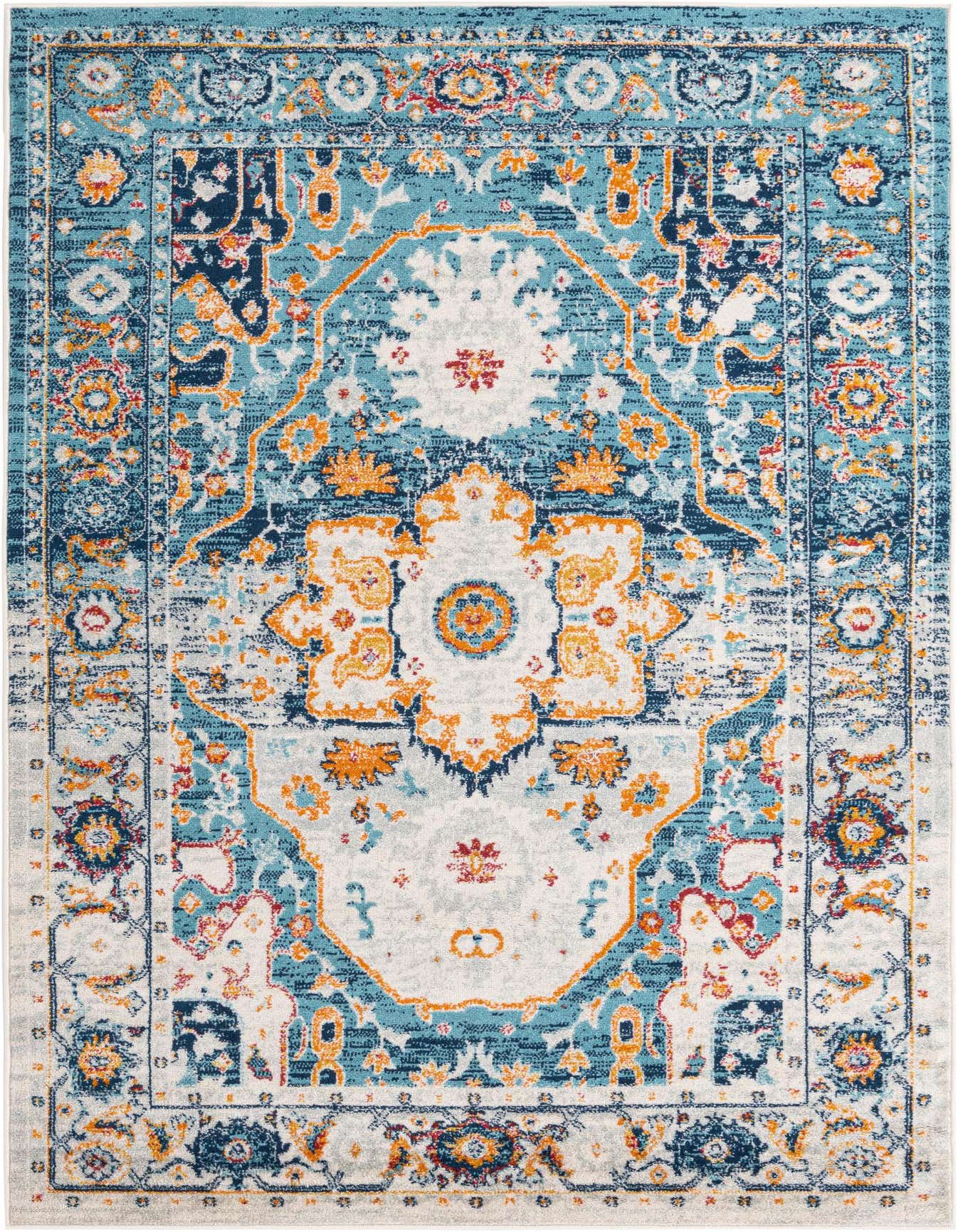 A 5x8 rectangular Madeline Vintage rug featuring a distressed traditional medallion pattern in shades of blue, green, orange, and white.