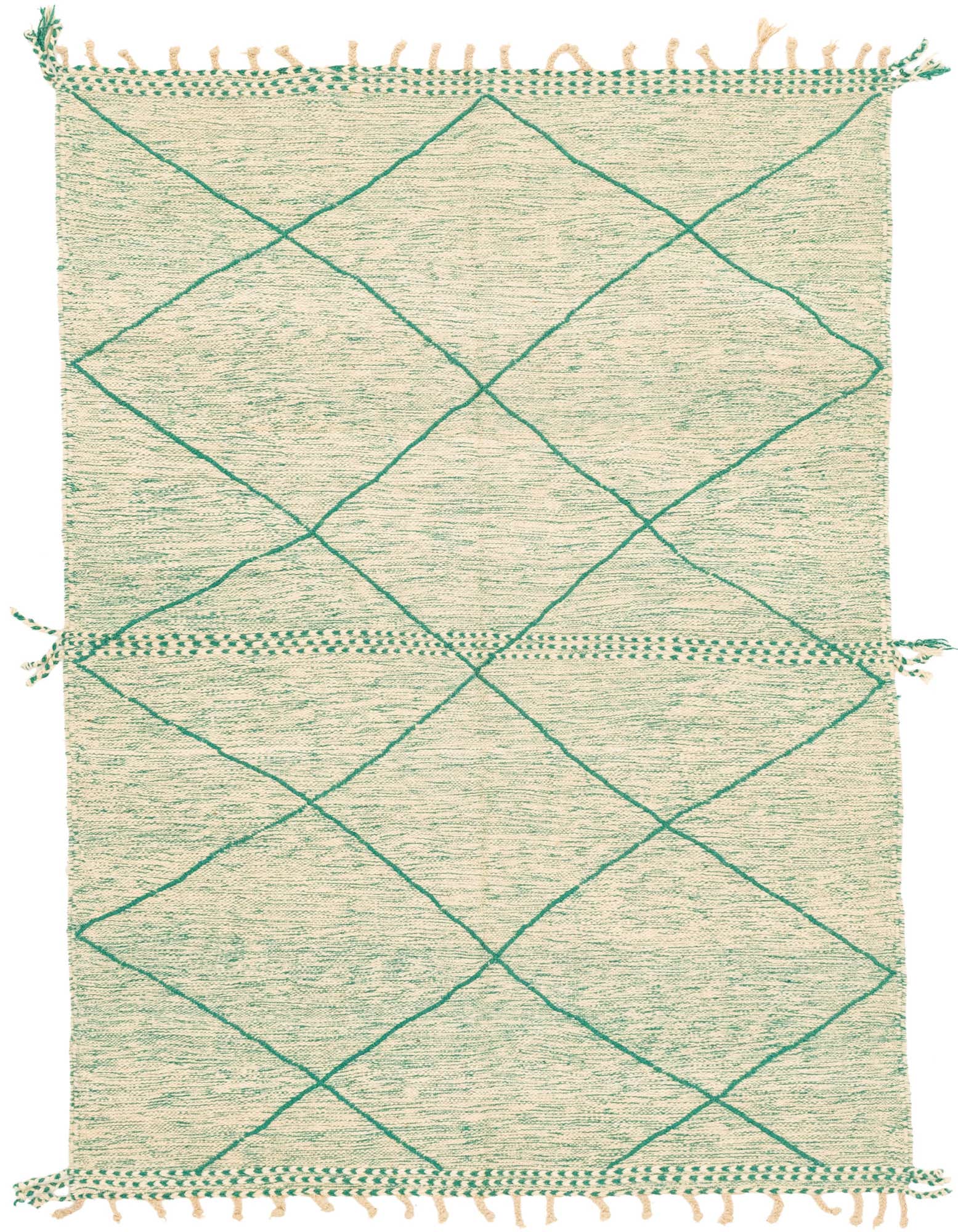 A 6x9 rectangular Moroccan shag rug with a cream background and green tribal diamond patterns, featuring decorative tassels.