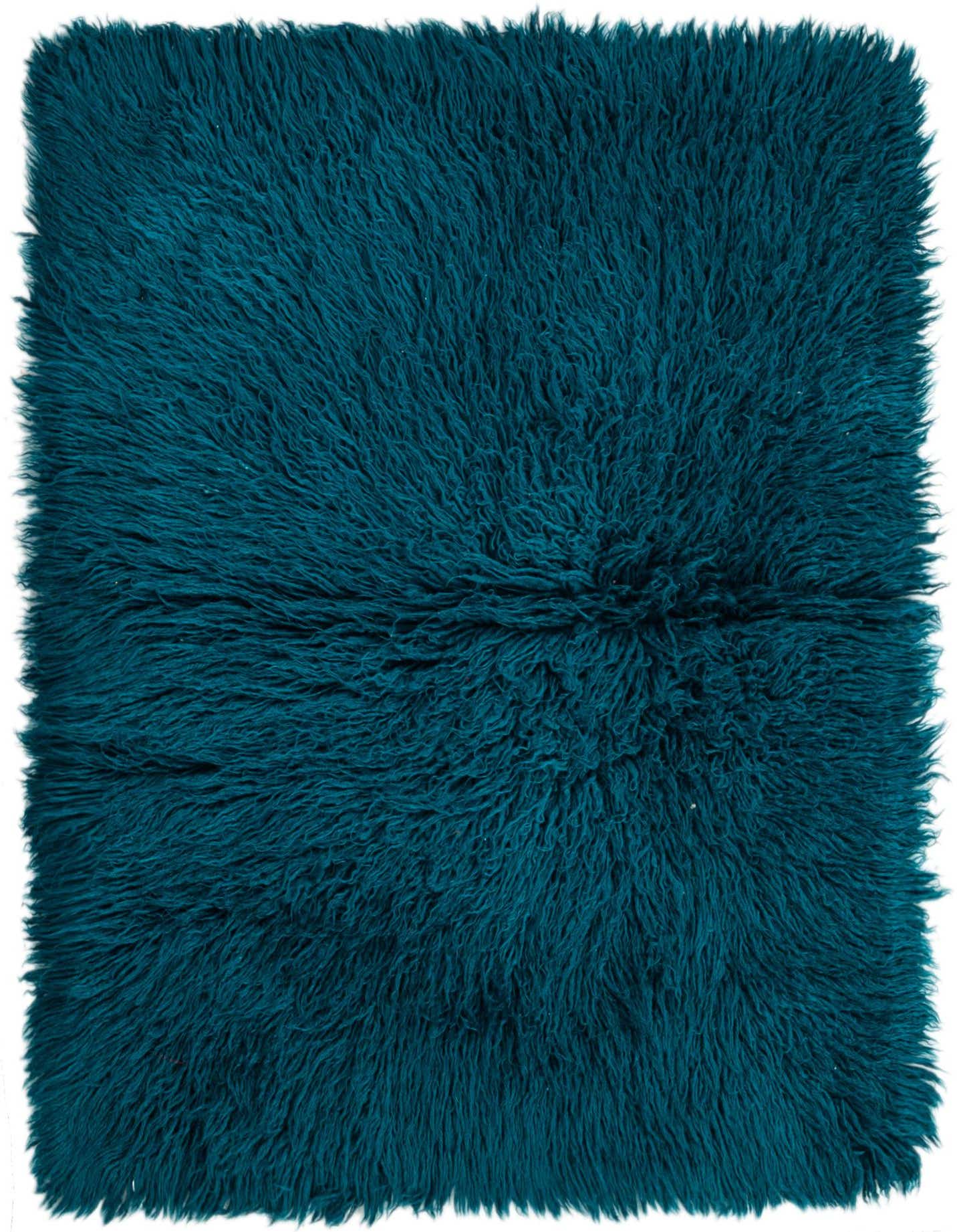 A plush 3x4 rectangular shag rug in a vibrant teal blue-green color, with a soft, inviting texture.