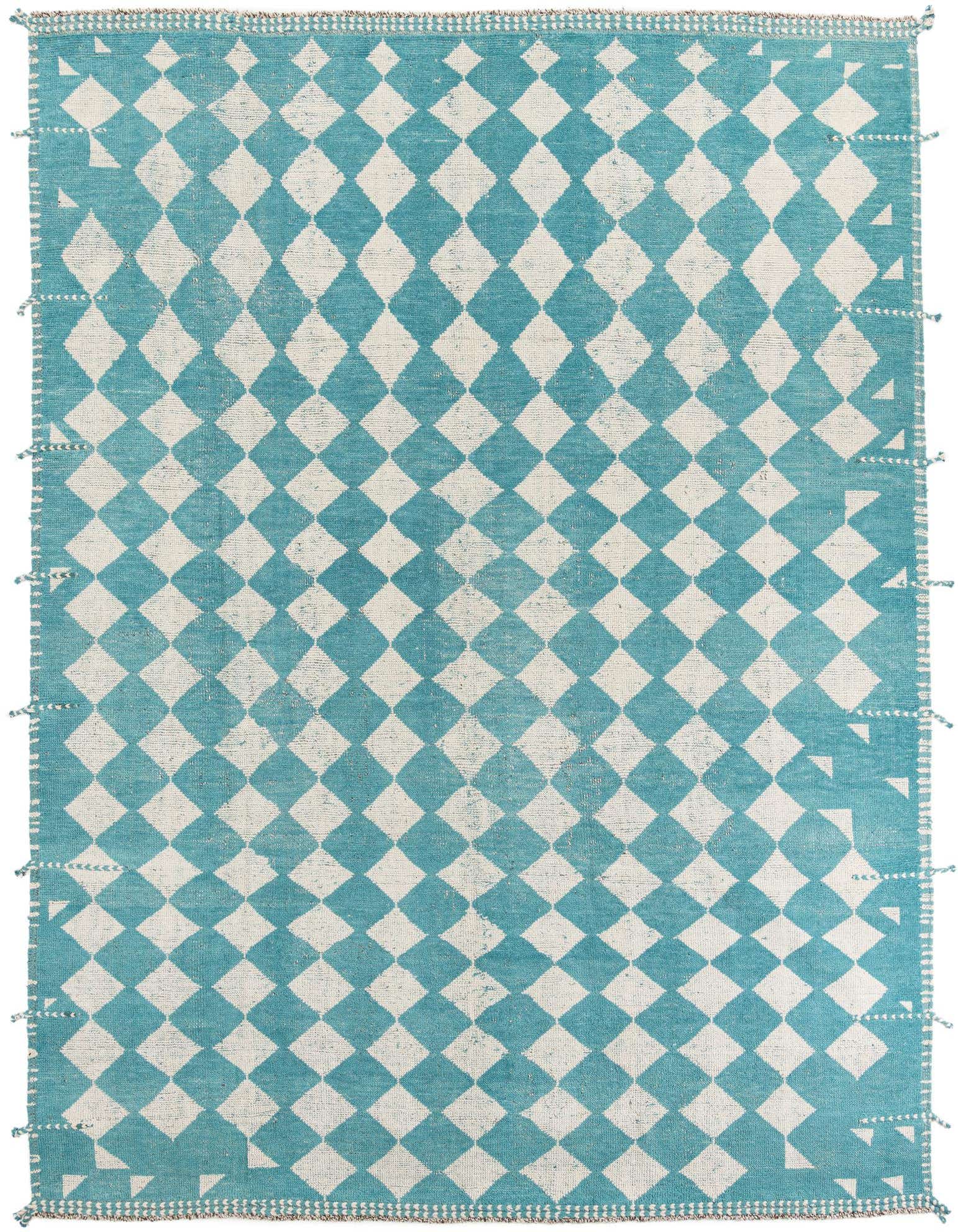 A 9x12 rectangular Moroccan shag rug in a vibrant blue and off-white tribal diamond pattern, ideal for a living room.