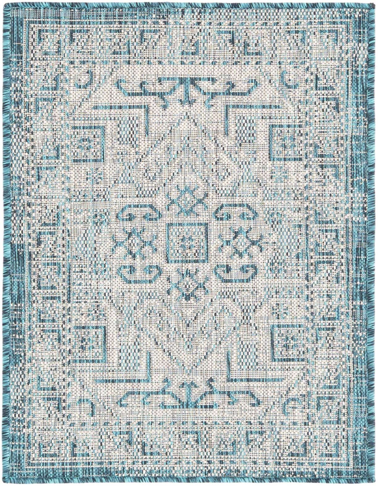 A 2x3 rectangular Outdoor Aztec rug featuring a Southwestern geometric pattern in various shades of blue and green on a light background, suitable for indoor or outdoor use.