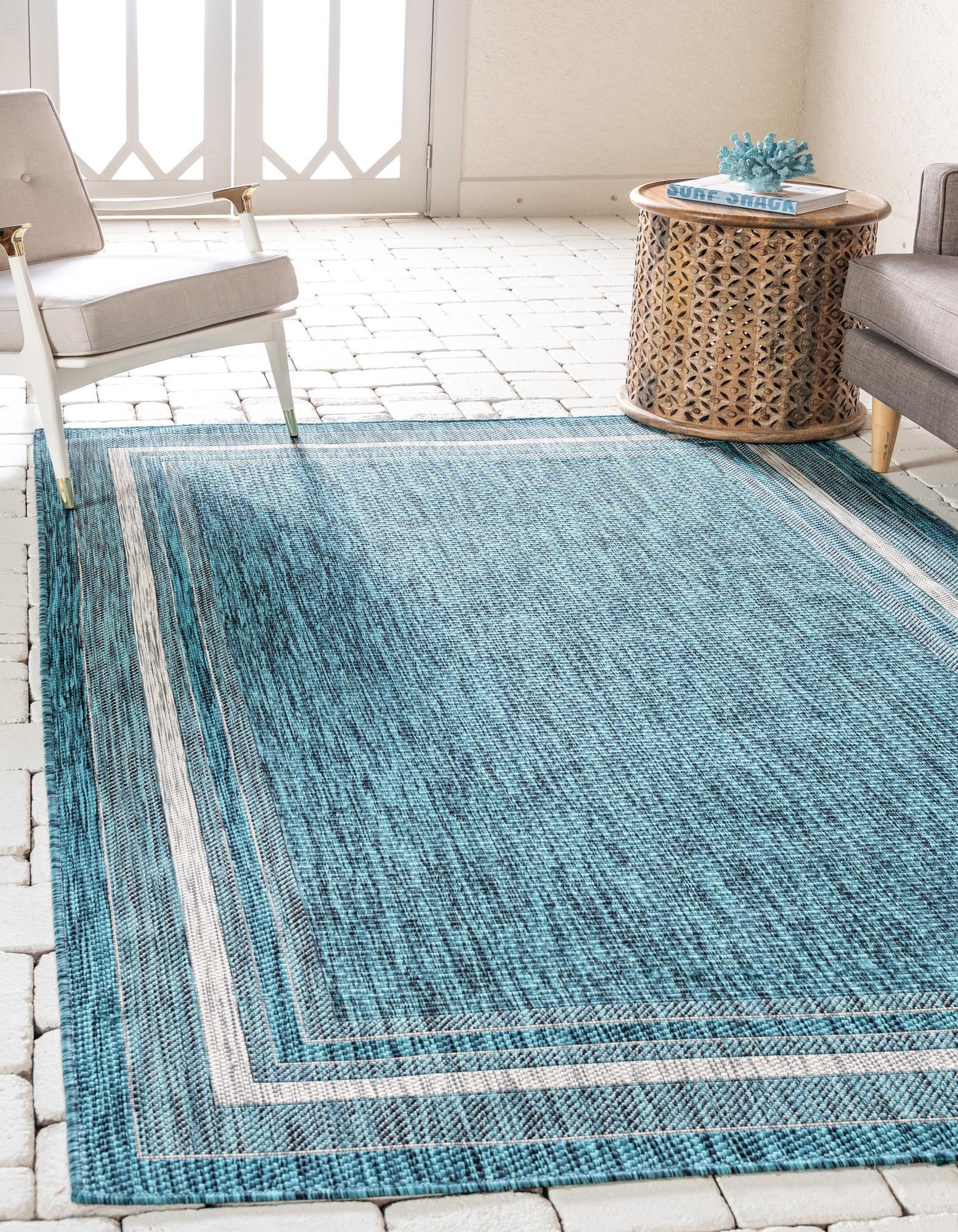Teal 5' x 8' Border Indoor / Outdoor Rug | Rugs.com
