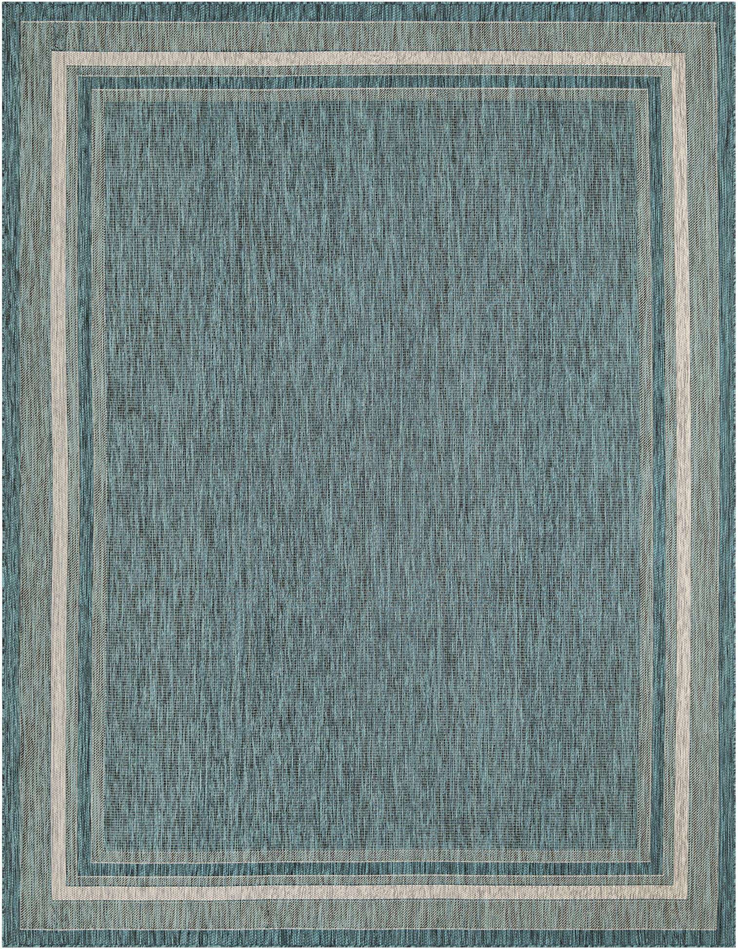 A 9x12 rectangular indoor/outdoor rug featuring a solid blue-green field with a light border, ideal for a patio or living room.