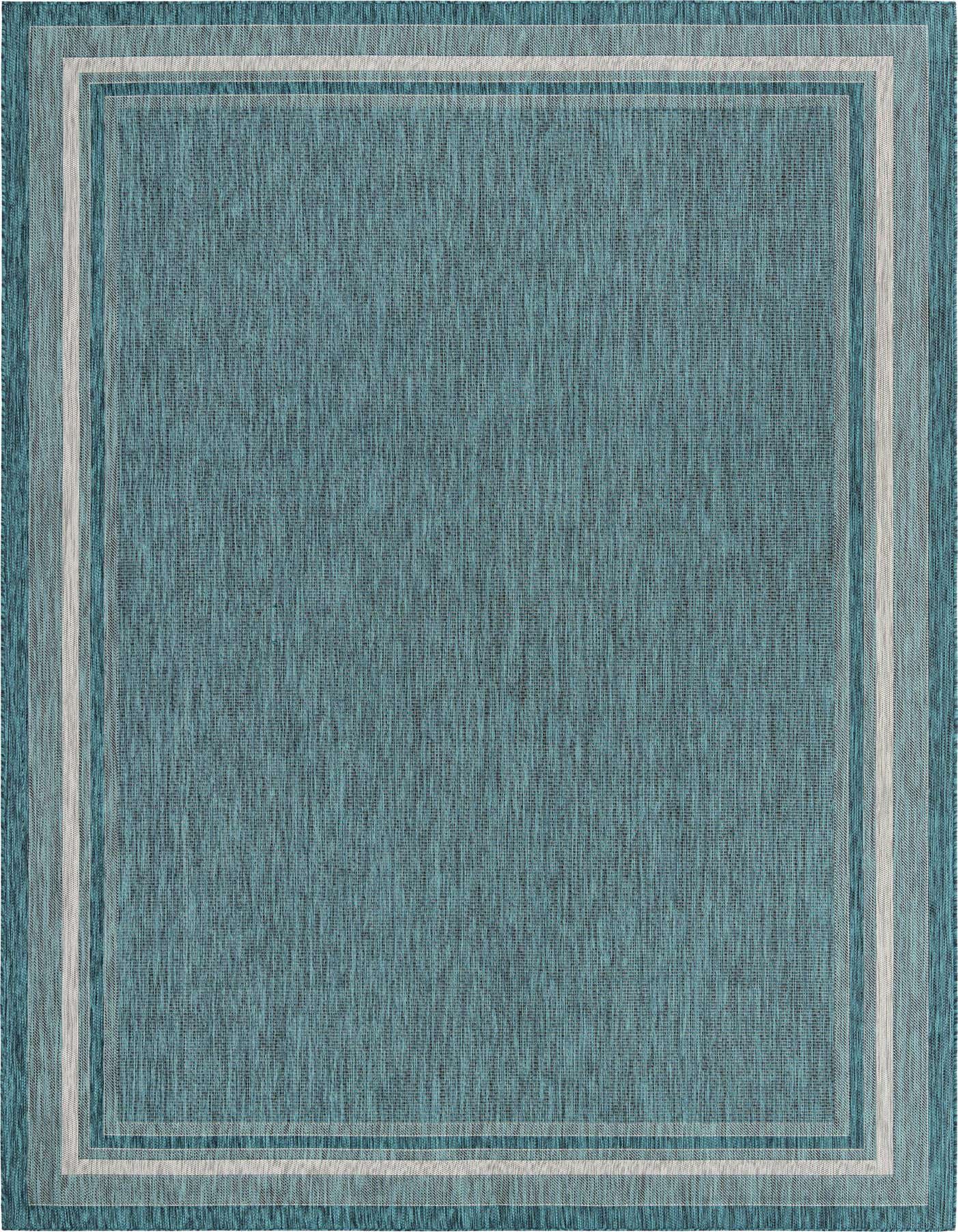 A large 10x14 rectangular teal blue indoor/outdoor rug with a subtle border pattern, showcasing its textured flatweave.