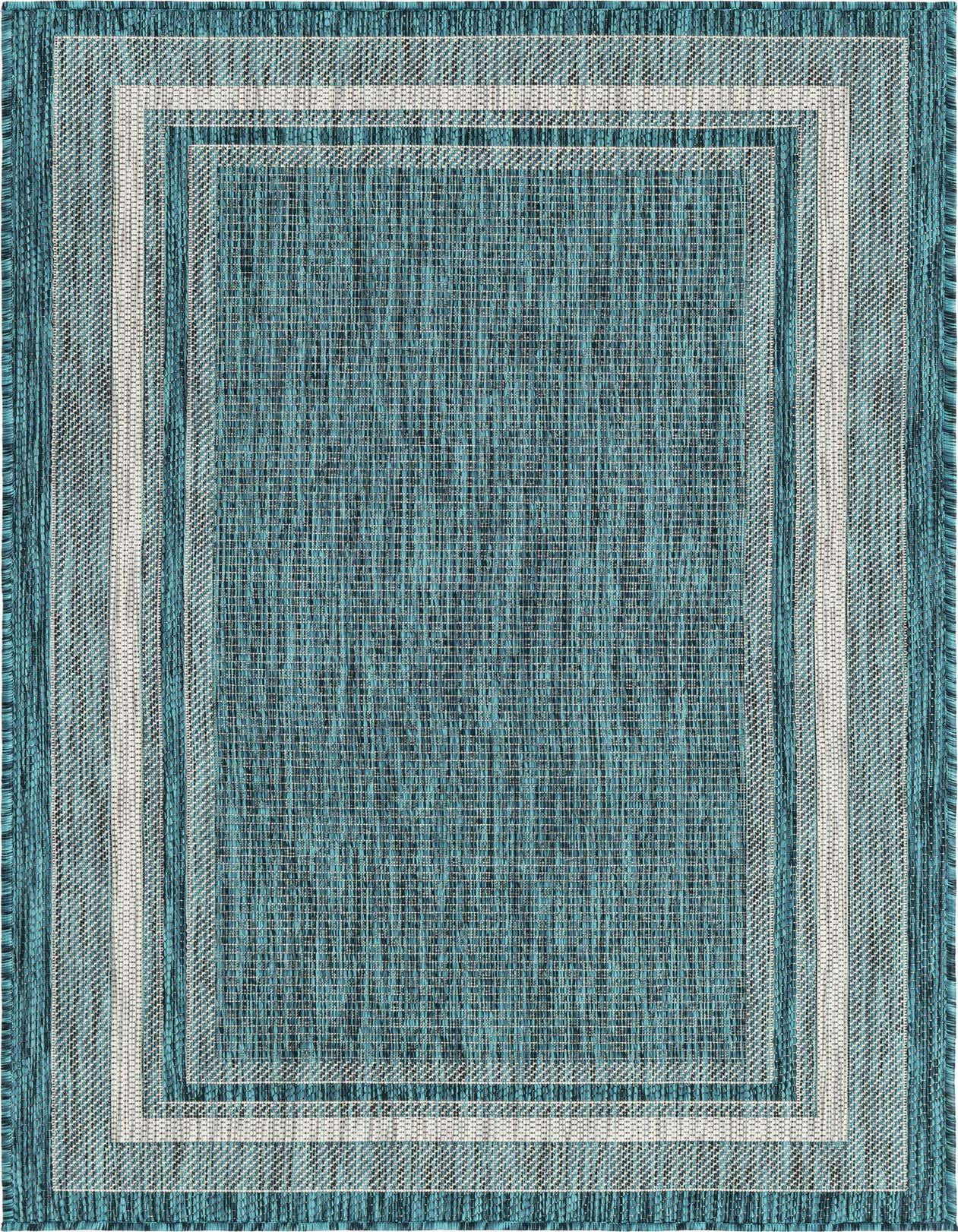 A rectangular 3x5 indoor/outdoor rug featuring a modern border design in varying shades of blue and green.