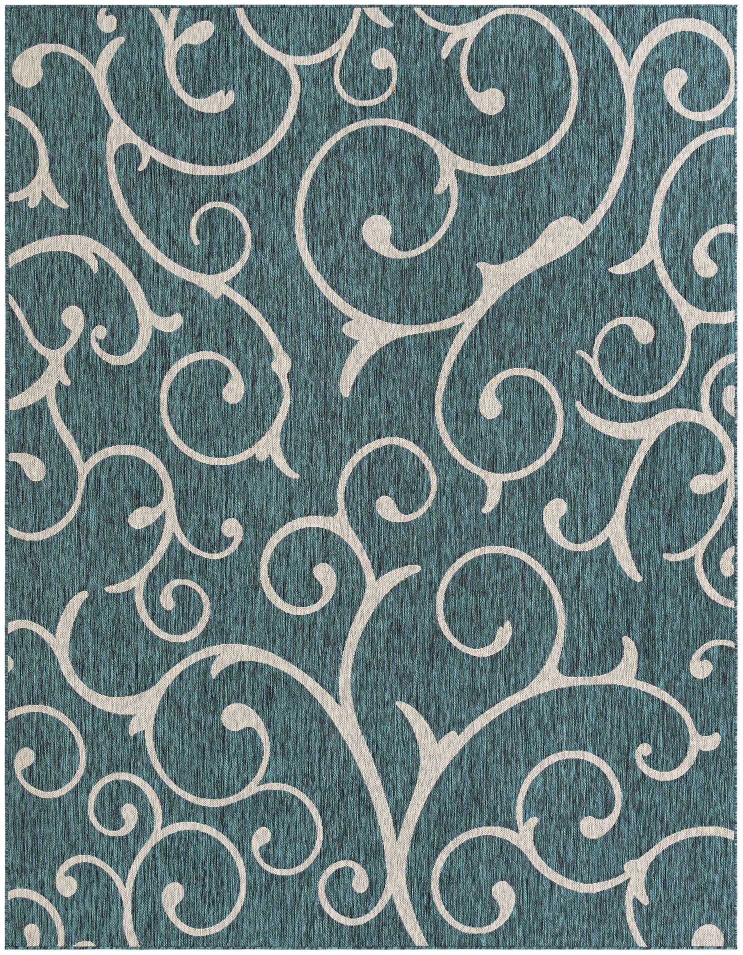 A 9x12 rectangular indoor/outdoor rug featuring a teal background with an elegant cream botanical scroll pattern.